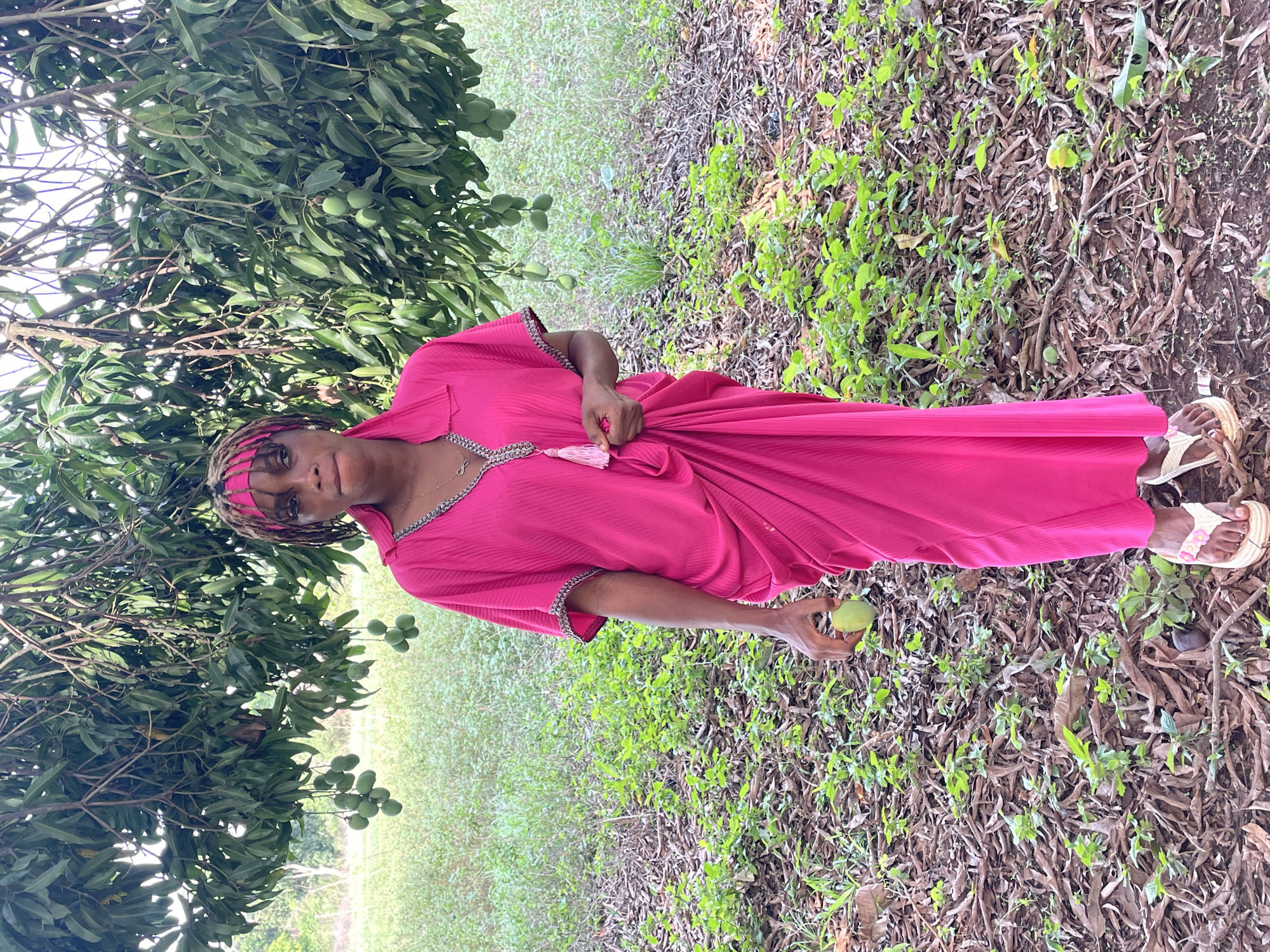 A portrait-oriented photograph captures a woman standing outdoors in what appears to be a mango orchard or a natural, cultivated area in Ogbe, Nigeria. The woman, with dark skin, stands in a full-body shot, looking directly at the camera with a neutral to slightly serene expression. She is dressed in a vibrant, fuschia pink, loose-fitting tunic or dress featuring a distinctive patterned trim around the neckline and sleeve cuffs. A delicate necklace with a small, light-colored charm is visible on her chest. Her head is adorned with a matching pink headscarf or headband, beneath which some textured hair is visible. She wears light-colored sandals with patterned straps.
In her right hand, the woman holds a single, small, green, and unripe mango. On the left side of the frame and extending overhead, a large mango tree laden with numerous clusters of similar green, unripe mangoes and dense green foliage is prominent. The ground surrounding her is covered with a mix of dried brown leaves, scattered patches of green grass, and new green sprouts. The background shows more natural greenery, suggesting a broad, open natural landscape or fields beyond the trees. The scene is illuminated by bright, natural daylight, indicating a clear or partly cloudy day. No visible text is present in the image.