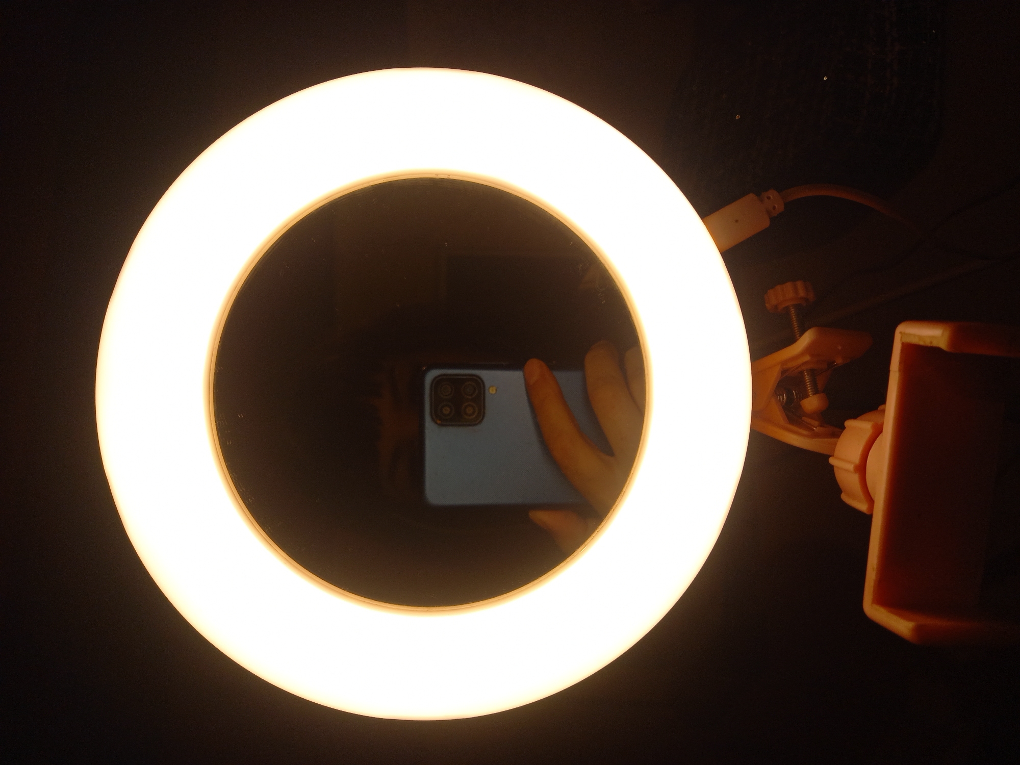 In Sterlibashevo, Russia, a ring light illuminates a dark background. A smartphone, held by a hand, is visible in the reflection of the ring light's surface. The ring light is mounted on a light-colored clamp, suggesting it's a portable lighting accessory. The overall scene is dimly lit, with the bright ring light being the primary light source.