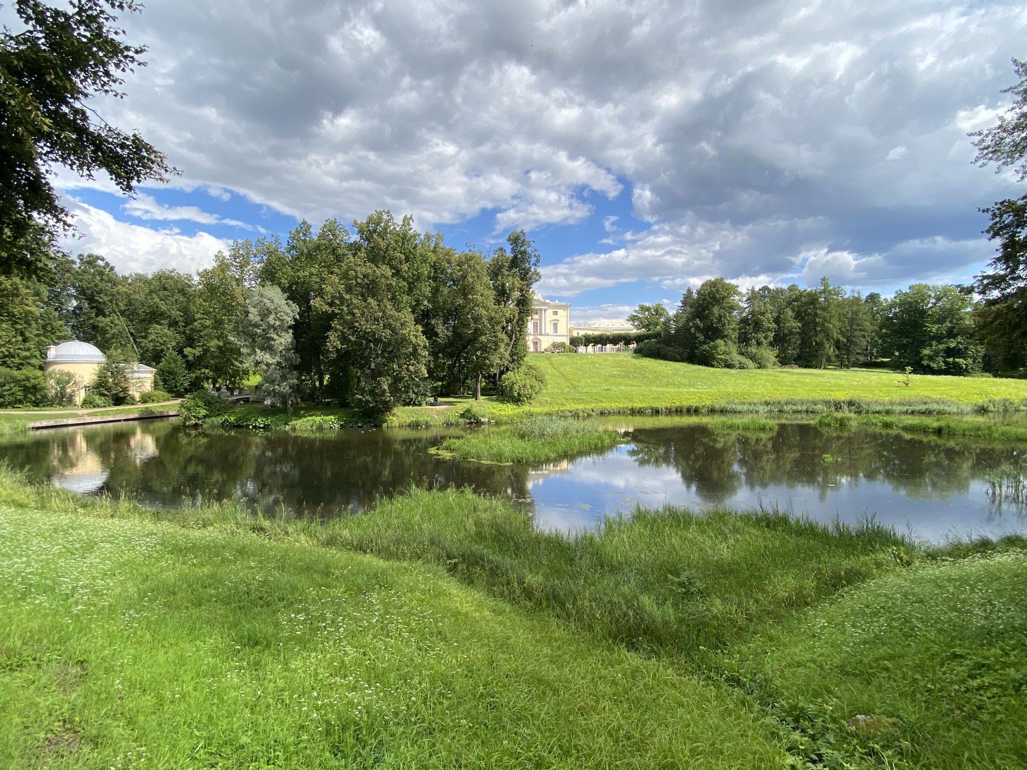 A pastoral scene unfolds in the city of Pavlovsk, Russia, dominated by a serene pond reflecting a dramatic sky filled with white and gray clouds against a backdrop of blue. Lush green grass, dotted with small white flowers, carpets the foreground and slopes gently towards the water's edge. A dense array of trees, in various shades of green, lines the far bank of the pond and extends to the right of the frame. In the middle ground, a light-yellow building with a rounded dome and classical architectural elements sits nestled amongst the trees. The pond itself is tranquil, with small islands of reeds breaking the surface. The overall impression is one of natural beauty and historical grandeur.