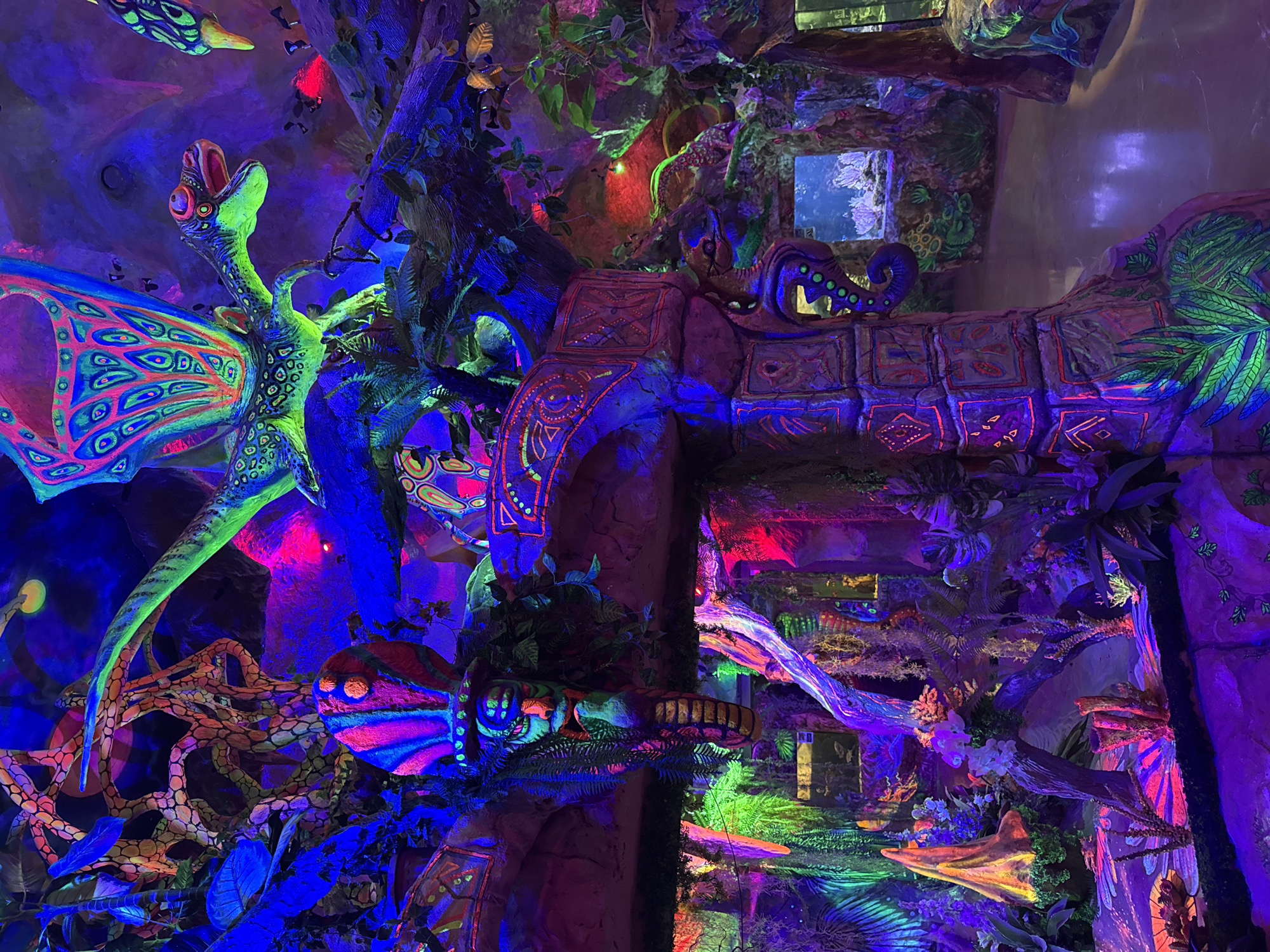 The image depicts an elaborately decorated interior, possibly a themed entertainment venue or museum installation. The dominant features are large, brightly colored sculptures and structures illuminated with a variety of neon and ultraviolet lights.
On the left, a tall, green reptilian figure with large, patterned wings stands out. Below it, there is a network of structures resembling roots or branches. The background consists of simulated rock formations and decorative elements.
In the center and right of the image, there is an archway or portal constructed from artificial rock, decorated with geometric patterns and illuminated with neon colors. Beyond the archway, more foliage and architectural details can be seen, all lit with a similar array of vibrant colors. A small rectangular window is visible through the archway, containing a vague view.
The environment is artificially created and immersive, designed to give the impression of an alien jungle or fantastical cavern. The scene is likely found in an entertainment venue or museum exhibit. The image does not contain any people.