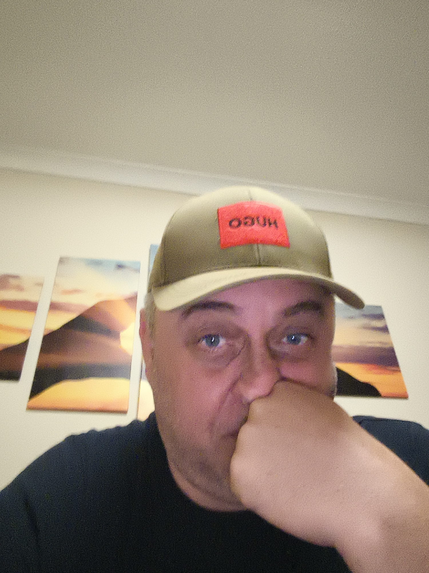 A headshot of a man, likely taken indoors in Huntingdonshire, United Kingdom. He is wearing a khaki-colored baseball cap with a prominent red rectangular patch on the front. On the patch, the brand name "HUGO" is visible, appearing somewhat reversed (reading "OGUH"). The man is also wearing a dark, possibly navy or black, t-shirt or sweatshirt. He has blue eyes and is looking directly at the camera. His right hand is raised to his face, with his fist covering his mouth and lower nose, giving him a thoughtful or pensive expression.
Behind him, mounted on a plain light-colored wall (beige or off-white), are three rectangular artworks. These pieces appear to be canvases or framed prints, depicting abstract or landscape scenes with warm hues, dominated by oranges, yellows, browns, and some blues, reminiscent of a sunset or mountainous terrain. The upper part of the wall shows a picture rail or molding, suggesting a standard room interior. The lighting is artificial and generally even, and the image has a slightly grainy texture. The time of day is indeterminate.