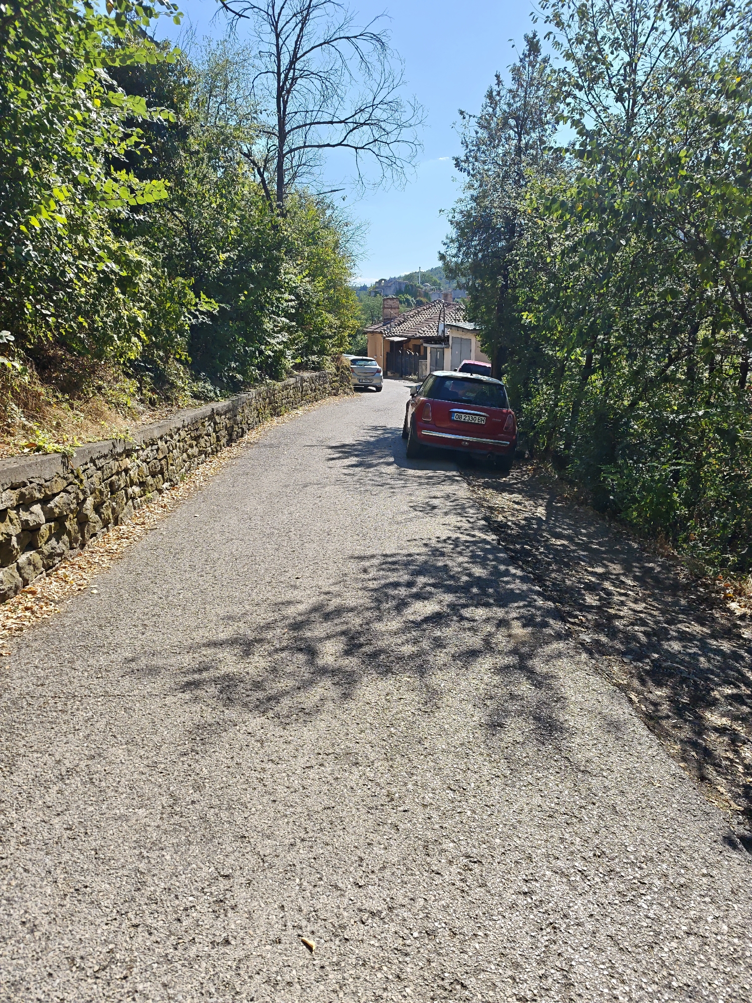 The image shows a narrow, paved road winding uphill through a lush green landscape, suggesting a rural or semi-rural setting. On the left side of the road, a low, rustic stone wall runs along the edge, topped with a concrete cap and overgrown with vegetation. The right side of the road is bordered by dense trees and foliage, casting dappled shadows on the asphalt.
Further up the road, a bright red MINI Cooper is parked on the right side, its license plate reading "OB 2330 BH". In the distance, a few buildings with terracotta roofs are visible, peeking through the trees, indicating the presence of a settlement. The sky is a clear, bright blue.
The scene appears to be located in Lovech, Bulgaria. This type of road, with its stone retaining wall and surrounding greenery, is characteristic of some of the older, less-developed areas or the outskirts of the city, particularly in the hilly regions that surround Lovech. The presence of parked cars and buildings suggests that this is a public road leading to or through a residential area. The overall impression is one of a sunny day in a serene, natural environment close to human habitation.