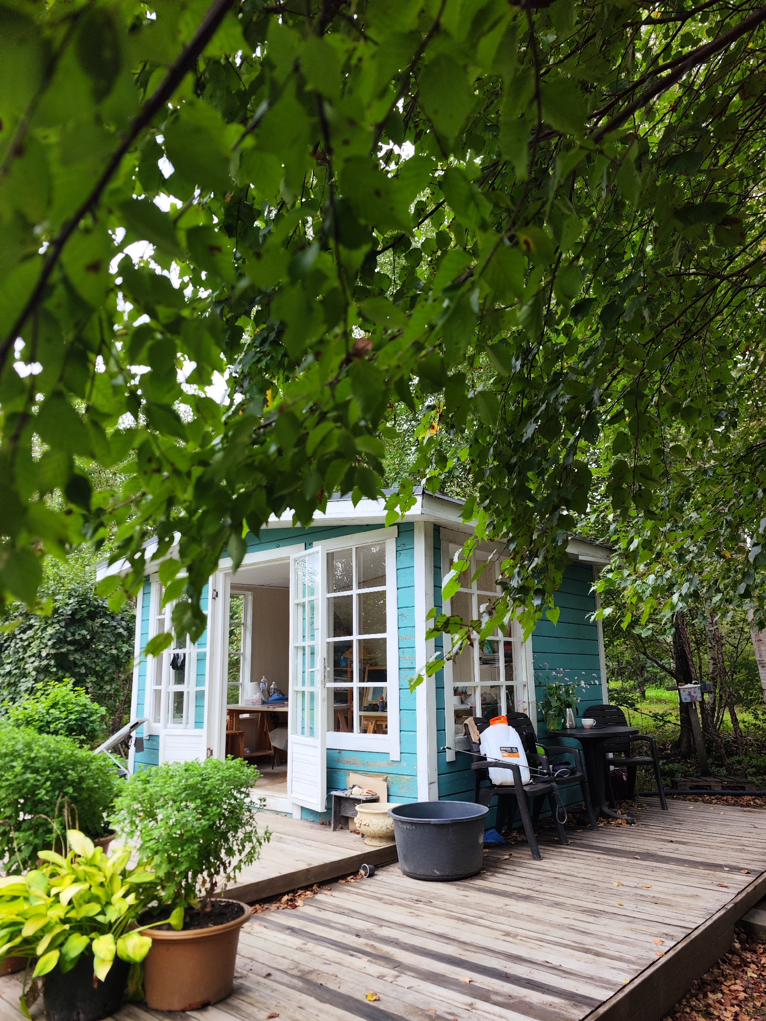 The image depicts a charming, light blue wooden shed with white-framed windows and double doors that open into the interior. The shed is situated on a wooden deck in what appears to be a natural, possibly rural setting, with lush green foliage from overhanging trees partially obscuring the view. The deck itself is made of weathered wooden planks and is adorned with potted plants, including a yellow-leafed plant in the foreground. To the right of the shed, on the deck, are two black chairs and a black table. A large gray bucket and a white plastic container with an orange handle are also visible on the deck near the shed. The shed's interior, visible through the open doors, reveals a table and chairs, suggesting it might be used as a studio or relaxation space. The overall impression is one of a peaceful, rustic retreat. The location is identified as Solovej-Kljuch, Russia. There are no people visible in the image.