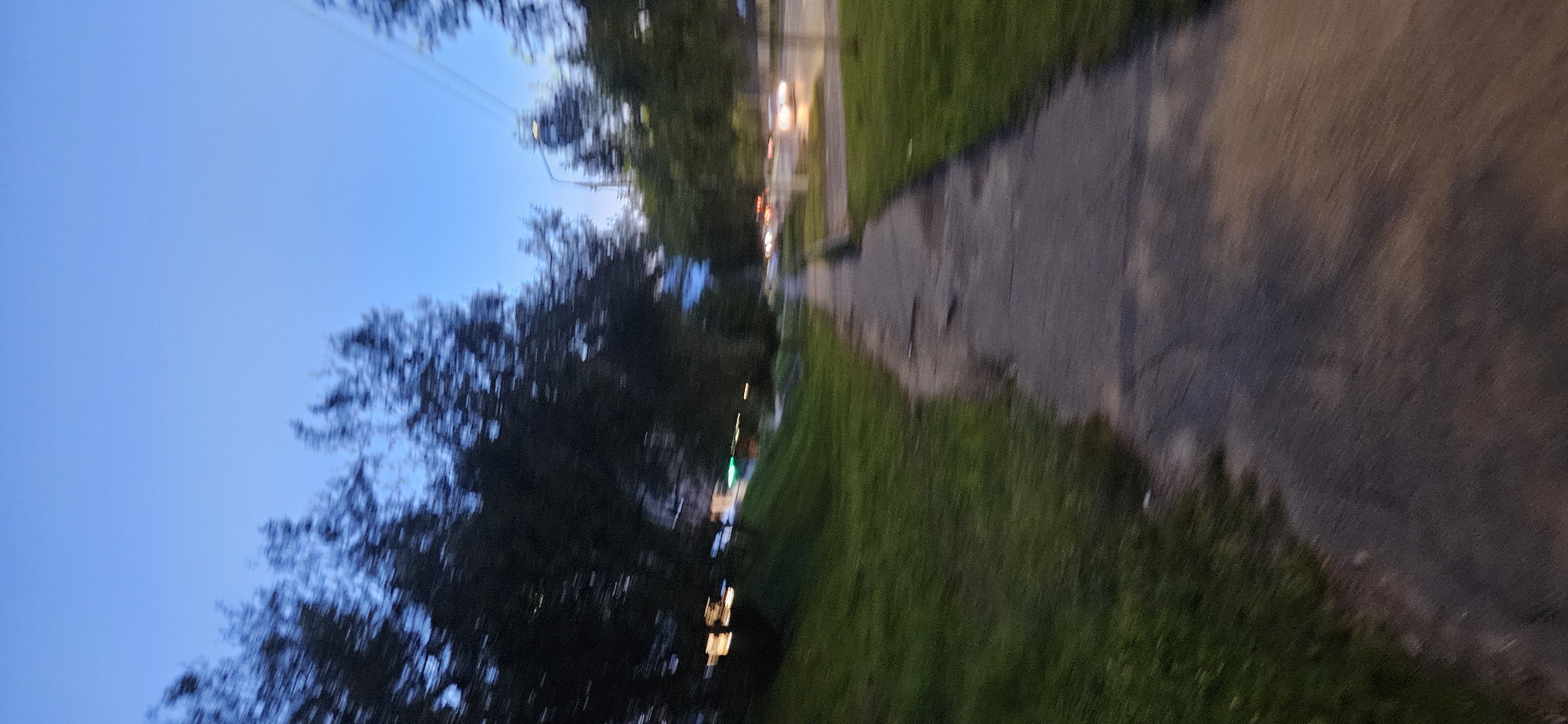 A blurred, low-angle, forward-facing shot captures a paved pathway bordering a grassy incline on the left. Trees with dark, indistinct foliage line the pathway and the upper edge of the frame. The sky above is a clear, pale blue, indicating dusk or dawn. In the middle ground, a road is visible with blurred lights from passing vehicles, suggesting motion. The overall impression is of a serene, slightly disorienting urban or suburban scene at twilight. The motion blur suggests the photograph was taken while moving, possibly from a bicycle or a moving vehicle.