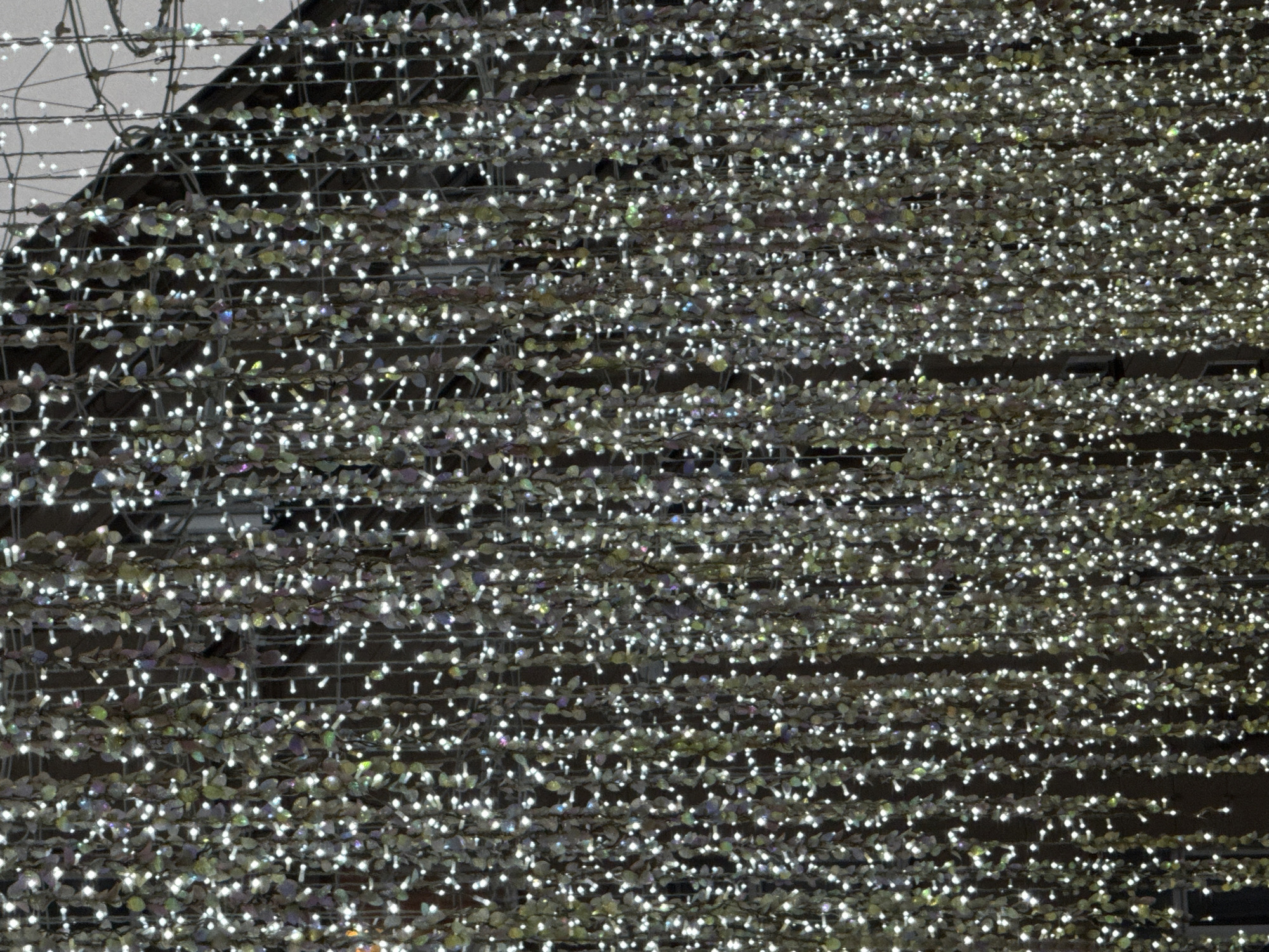 The image shows a dense arrangement of illuminated decorative lights, possibly part of a holiday display. The lights are small and numerous, creating a sparkling effect. They appear to be intertwined with some kind of foliage or decorative material, creating a curtain-like visual effect. The composition is dense and somewhat abstract, focusing on the overall texture and light pattern rather than specific details. There is scaffolding at the top left corner.
Without additional context or identifiable landmarks, it is not possible to confirm the location in Moscow, Russia, based solely on the image content.