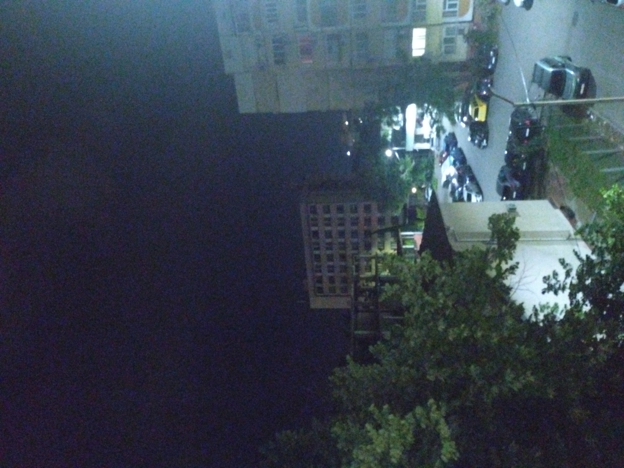 This is a nighttime photographic record of a residential urban environment, identified as Stara Zagora, Bulgaria, taken from an elevated perspective. The dark sky is characterized by digital noise. Two prominent multi-story buildings are visible; the structure on the mid-right is light-colored with multiple illuminated windows, indicating occupancy. To its left, another multi-story building appears darker and partially obscured. A street or designated parking area spans the lower-middle and right sections of the image, densely populated with parked vehicles of various types and colors, notably including a yellow car. Several streetlights are active, providing localized illumination to the ground level and vehicles. Deciduous trees with dark green foliage are prominent in the foreground on the left and distributed throughout the scene. No human subjects are discernible within the frame.