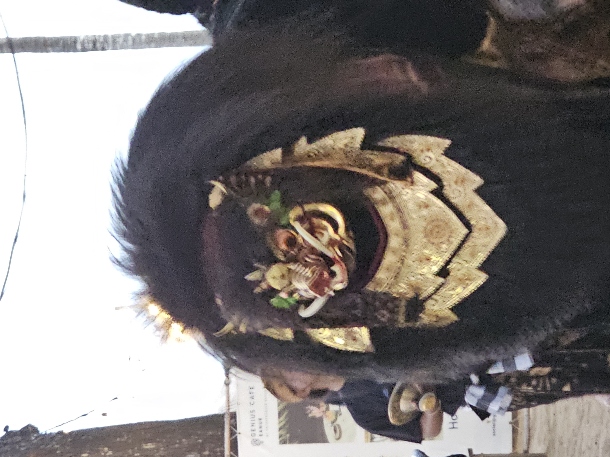 The image shows a close-up of a person wearing a large, dark, furry costume, likely a Rangda mask from a Balinese dance performance. The mask features elaborate golden and red ornamentation around the face, including fangs and detailed facial features. Behind the mask, a person in a black t-shirt is partially visible, holding a small cymbal-like object. To the left of the masked figure, a white banner with text that includes "GENIUS CAFE SANUR" is visible, indicating a potential location in Sanur, a district within Denpasar, Indonesia. The background suggests an outdoor setting with a tree trunk on the left and a blurry figure further back. The lighting is bright, suggesting daytime.
