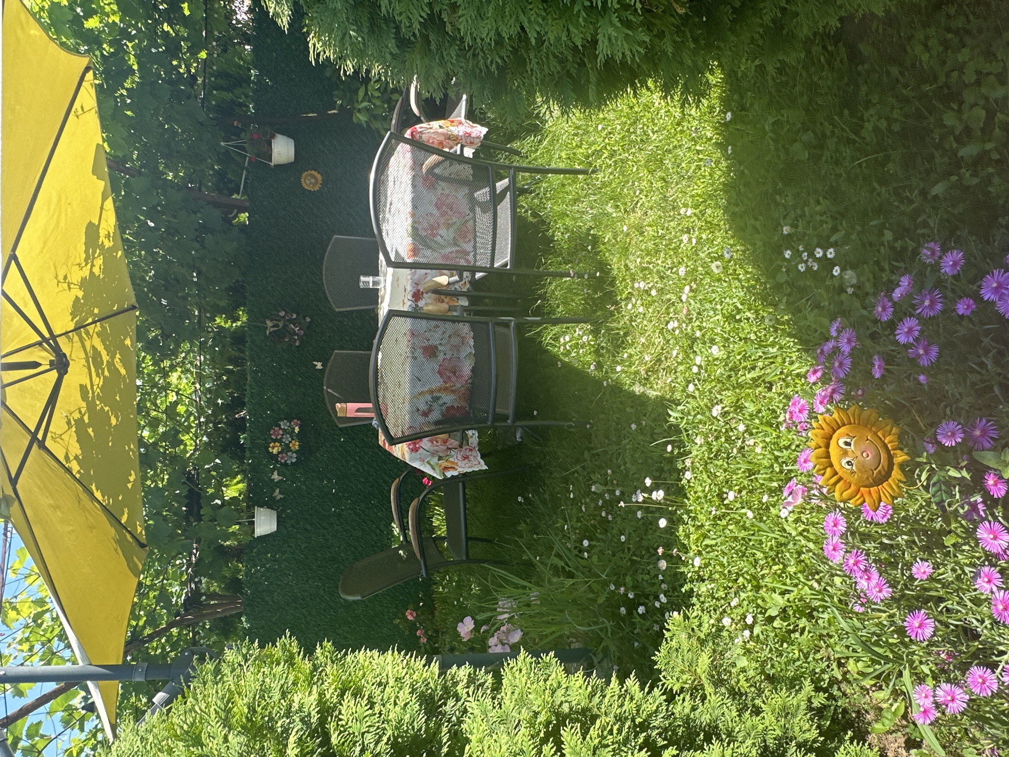 The image depicts a sun-drenched outdoor patio area in Marten, Bulgaria. A large yellow umbrella provides shade over a round table set with a floral-patterned tablecloth. Four dark-colored chairs with metal frames surround the table. A glass of water sits on the table. The patio is surrounded by lush green foliage, including tall cypress-like trees on the left and right edges of the frame, and a fence covered in green artificial turf or ivy in the background. Grapevines are visible overhead, casting dappled shadows. Small white and pink wildflowers are scattered across the grassy lawn. A decorative metal sunflower with a smiling face is positioned in the foreground among the pink flowers. The overall impression is of a peaceful and well-maintained garden space.