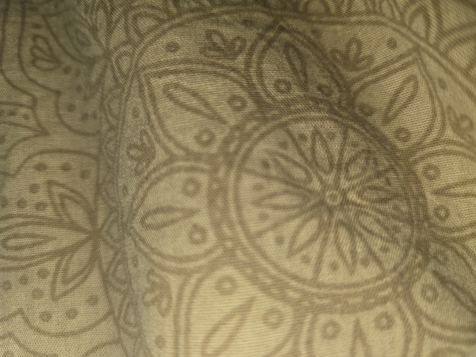 This is a close-up, abstract image of a light-colored fabric with a repeating pattern of circular motifs and floral elements, rendered in a darker shade. The fabric appears to be draped or creased, creating shadows and highlights that add depth and texture to the pattern. The lighting is soft and diffused, casting a warm glow over the scene. There are no discernible people, animals, or specific landmarks. The image does not provide any information about its location in Ulan-Ude, Russia, or any other geographical context.