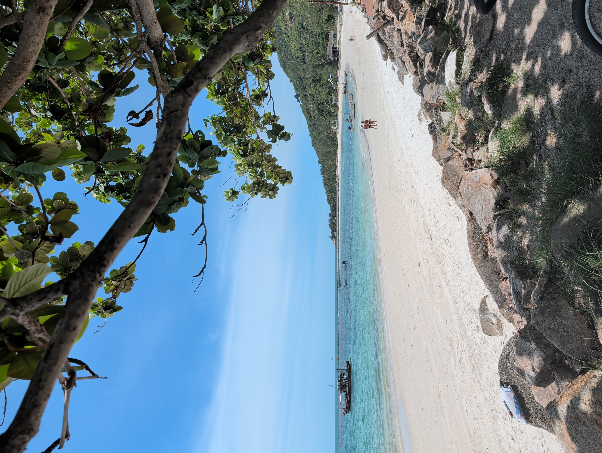 The image shows a beach in ตำบลเกาะพะงัน, Thailand. The scene is divided into three main sections: the sky with a tree, the beach and the sea, and the rocks/land. The sky occupies a significant portion of the frame, featuring a clear blue sky and a tree branch with green leaves on the left. The beach and the sea run horizontally, showing white sand meeting clear turquoise water. Several boats can be seen anchored in the sea. Two figures can be seen walking on the beach. The right side of the image shows rocks or land with some vegetation. A discarded bottle is resting amongst the rocks.
