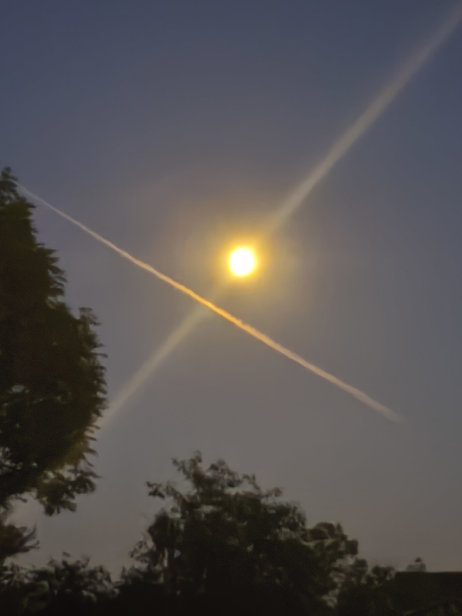 The image captures a dusky sky above Навадворскі сельскі Савет, Belarus, with a bright, hazy sun or moon illuminating the scene. Two contrails are visible, one extending diagonally from the upper left towards the lower right, and another intersecting it near the sun, creating a cross-like effect. Silhouetted trees form the lower boundary of the image, with their dark foliage contrasting against the lighter sky. The overall atmosphere is serene and twilight-like, with no people or specific human activities depicted.