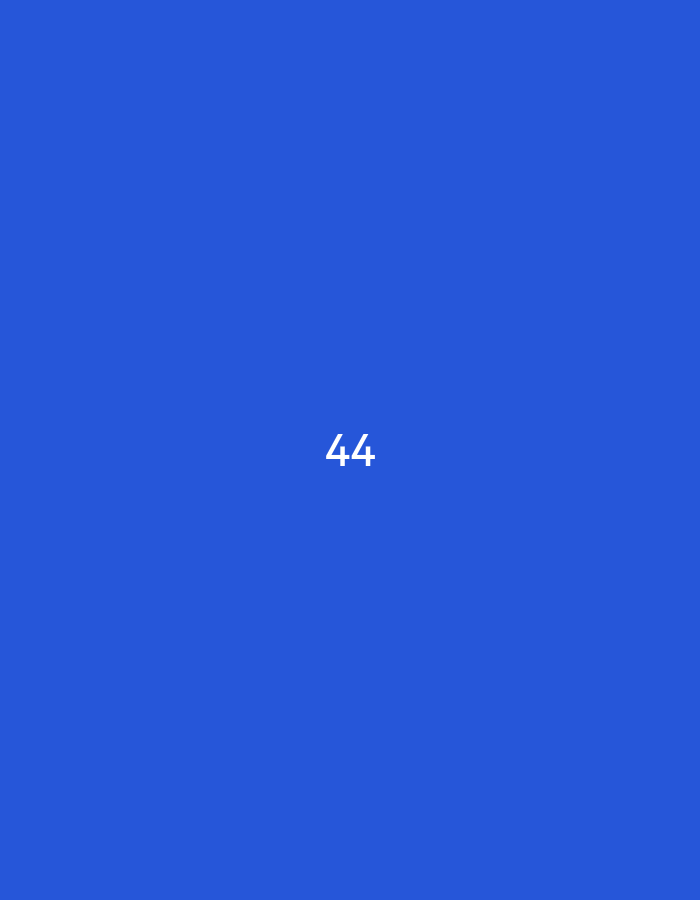 The image displays a solid, uniform royal blue background. Centered horizontally and vertically on this background is the white numerical digit "44". The numbers are rendered in a clean, sans-serif typeface. The image contains no visual elements, landmarks, or contextual information that would indicate a specific geographical location, including the city of Pokrovnik, Bulgaria. No people, other subjects, objects, actions, or interactions are present in the scene. The environment is a minimalist graphic display.