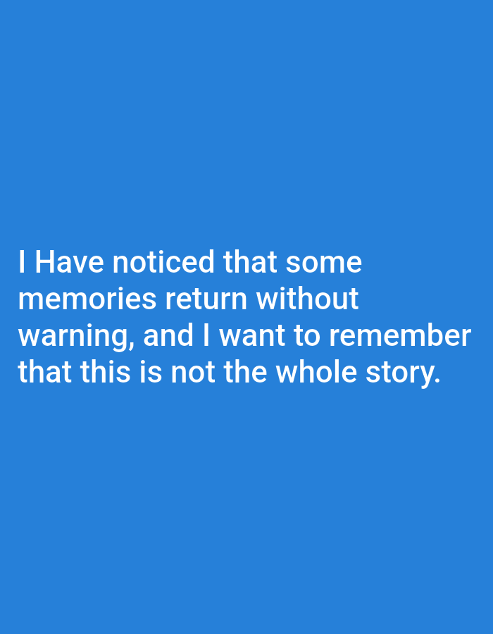 The image contains text on a blue background. The text reads: "I Have noticed that some memories return without warning, and I want to remember that this is not the whole story." There is no information about the location in Genteng, Indonesia, or any people, subjects, objects, or actions.