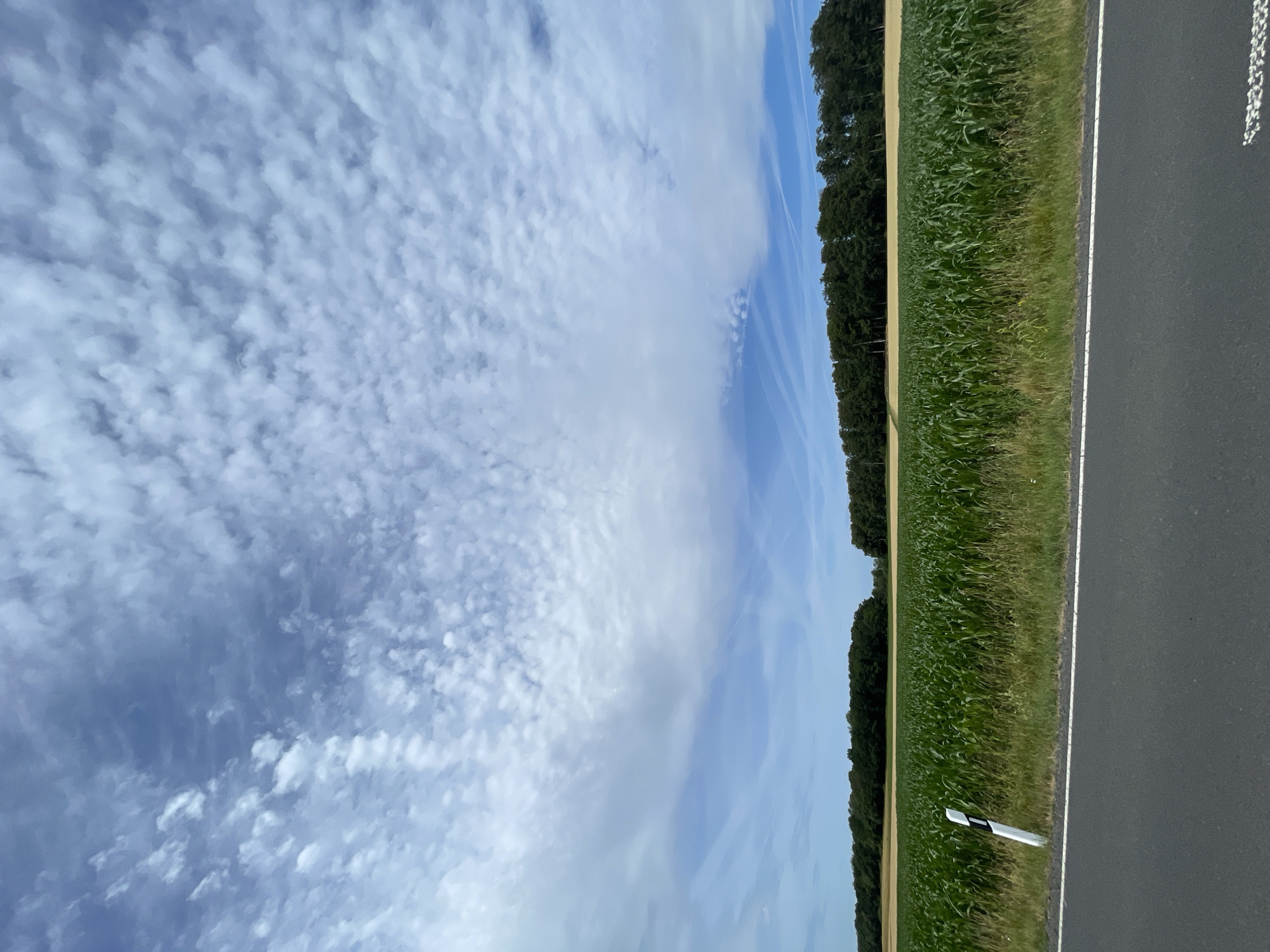 The image captures a rural scene, likely in or around Christerode, Germany, under a partly cloudy sky. In the foreground, a paved road runs horizontally across the frame, with a white line marking its edge and a white and black striped road marker on the right side of the road. Adjacent to the road is a field of tall green corn, with some dry grass and wildflowers at its edge. Beyond the cornfield, a dense line of dark green trees forms a treeline that stretches across the horizon. Above the trees, the sky is a vibrant blue, filled with scattered, puffy white clouds, some of which appear wispy and stretched, indicating possible wind activity. The overall impression is one of a natural, agricultural landscape under a dynamic sky. There are no people or animals visible in the scene.