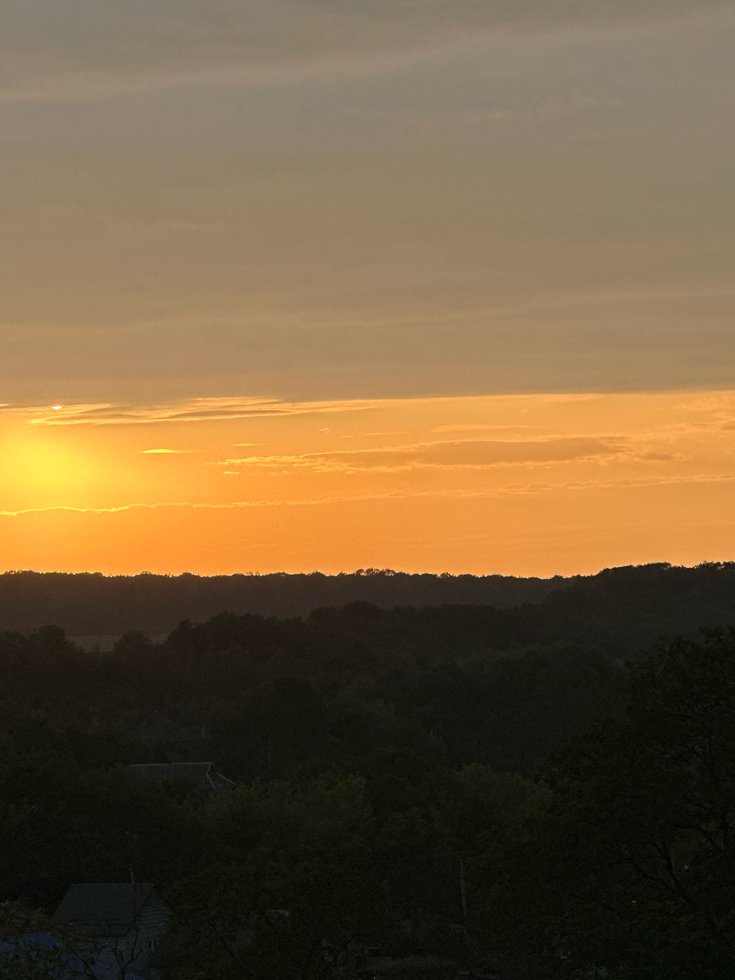 The image captures a serene sunset over the landscape of Makiv, Ukraine. The sky is painted in hues of orange and yellow, with thin clouds streaking horizontally. A bright sun is visible in the upper left portion of the frame, partially obscured by a cloud. Below the sky, a dark, silhouetted line of trees forms the horizon, indicating a forested area. In the foreground, the dark, dense foliage of trees partially conceals two residential buildings. The building on the left appears to have a light blue roof, while the one on the right has a dark, possibly grey, roof. The overall scene suggests a tranquil evening in a rural or suburban setting within Makiv.