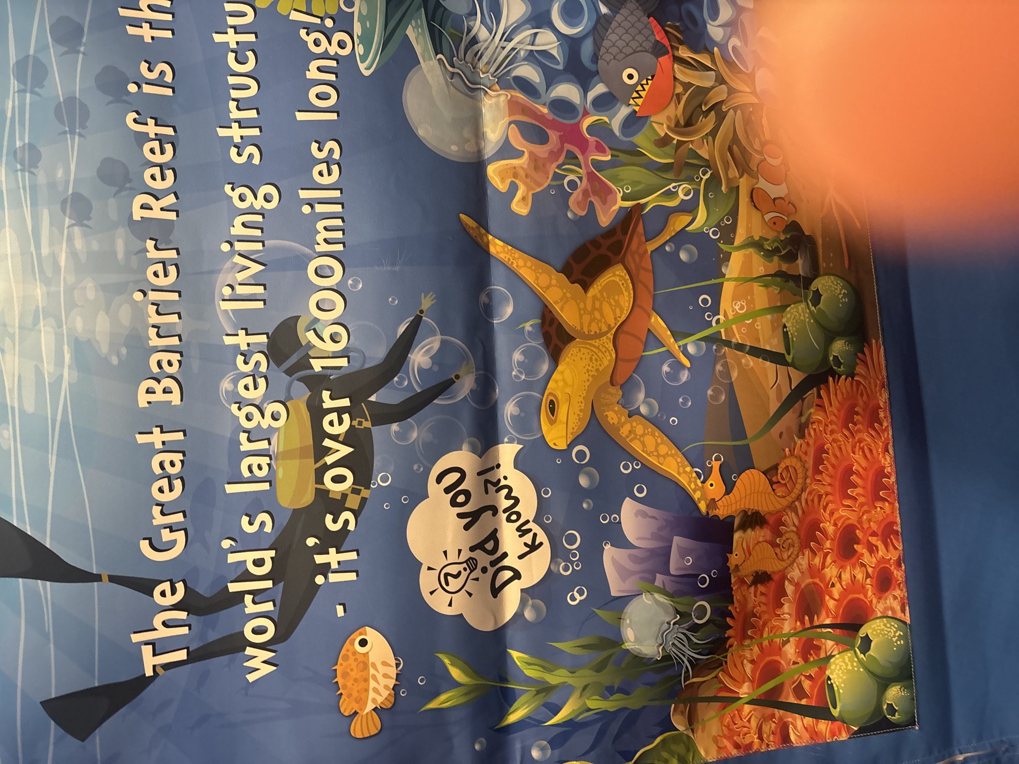 This image depicts a colorful underwater scene with a large banner displaying text and illustrations related to the Great Barrier Reef. The banner features a diver, various sea creatures such as a turtle, seahorses, a pufferfish, a piranha, and jellyfish, as well as coral and aquatic plants. The text on the banner reads, "The Great Barrier Reef is th world's largest living structure - it's over 1600miles long!". A speech bubble with a question mark and lightbulb symbol contains the text "Did you know?!". The overall environment appears to be a recreational or educational display, possibly in a public space. The image is taken from a slightly upward angle, with a bright orange, blurred object in the foreground obscuring a portion of the scene. There is no identifiable location in Dubai, United Arab Emirates within the image.