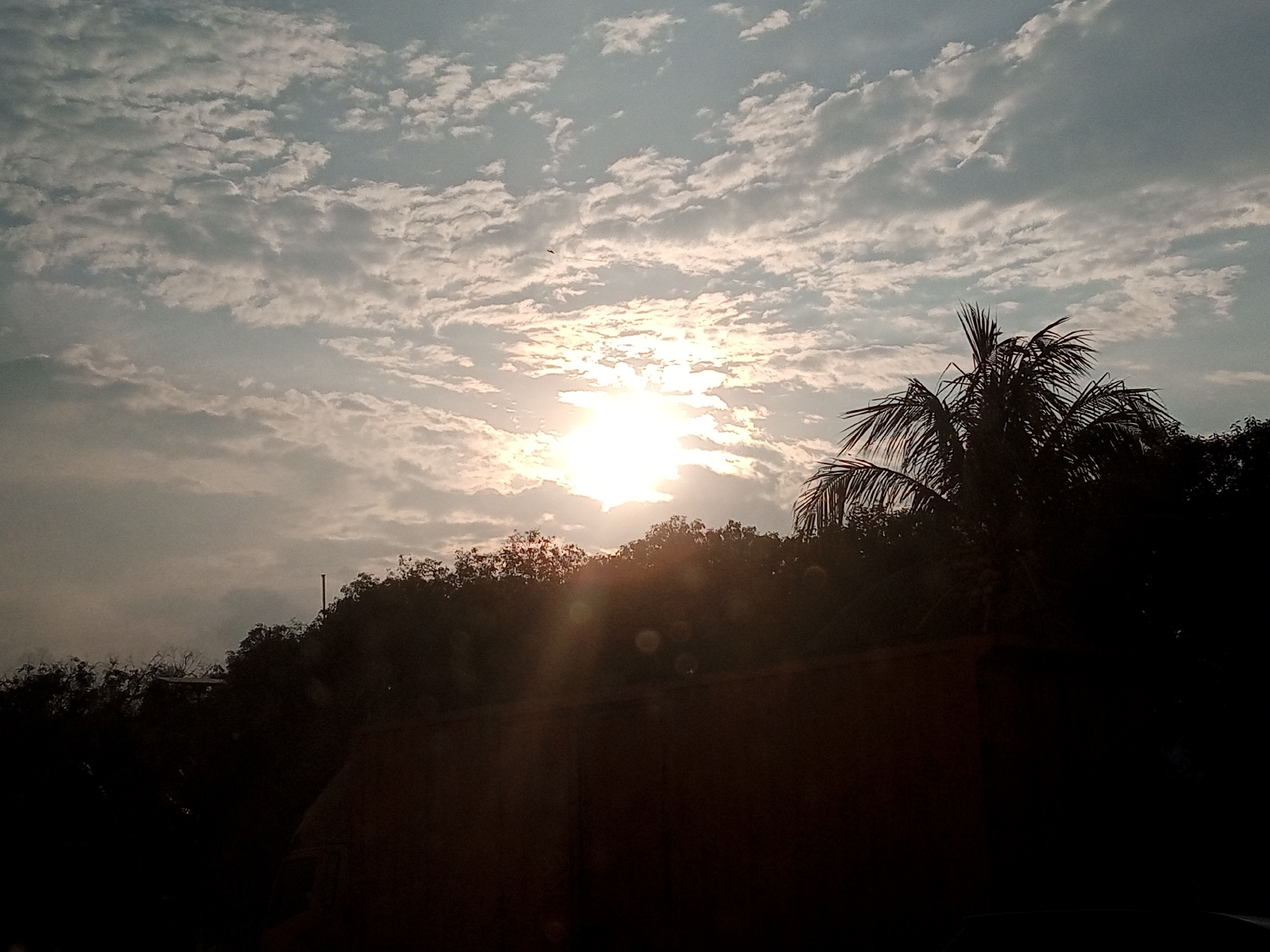 The image depicts a sunset over a silhouetted landscape. The sky is filled with scattered clouds, with the sun appearing as a bright, hazy orb slightly to the left of the center. The light from the sun casts a warm glow and creates lens flares across the lower portion of the image. In the foreground, a dark, indistinct wall or structure takes up the bottom section. Above the wall, a line of dark trees and foliage is visible, with a palm tree silhouette on the right side. The overall impression is that of a serene, natural scene at dusk. The location is Tingkeummanyang, Indonesia.
