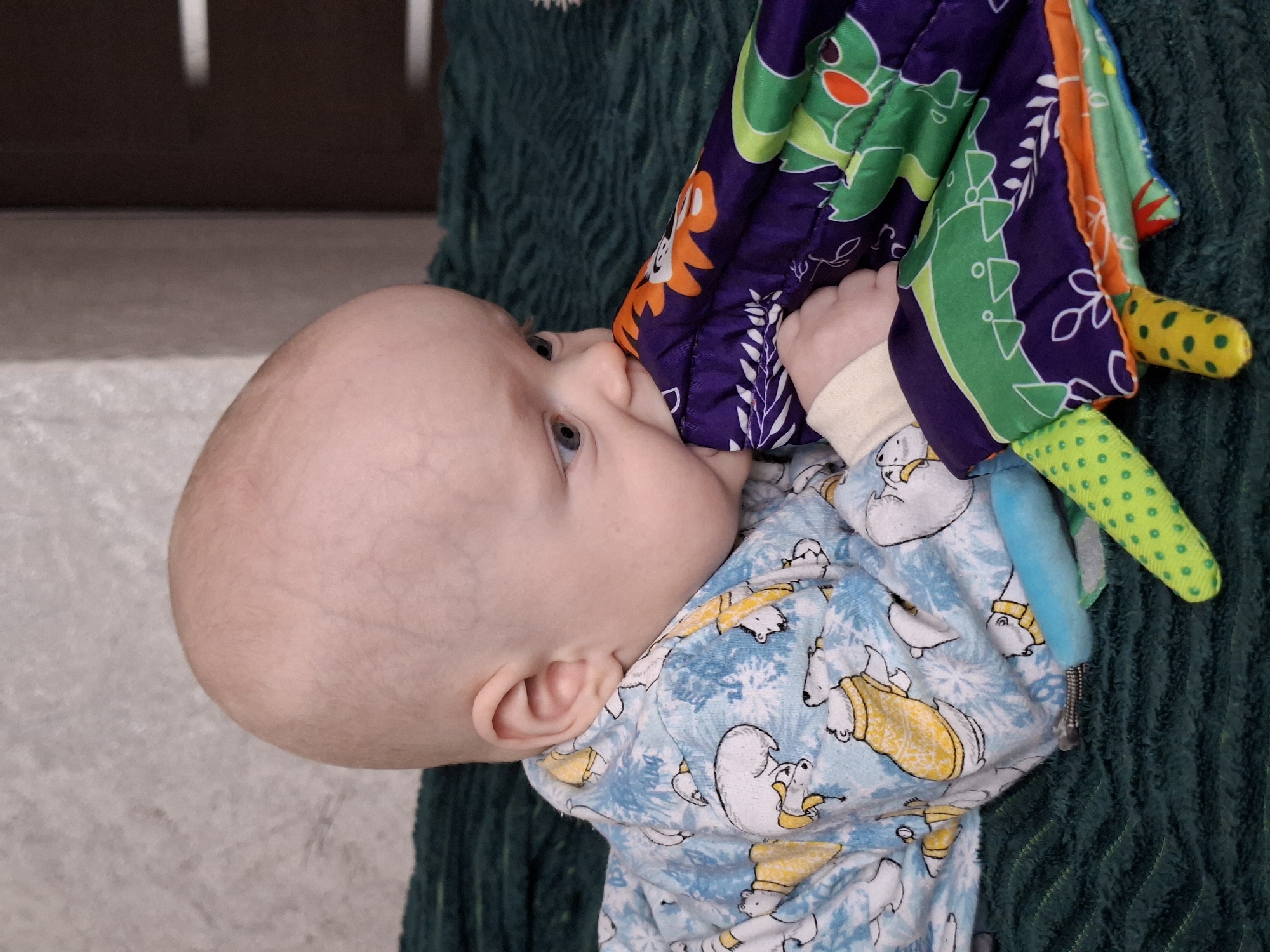 A baby lies on a green corduroy blanket, with their head oriented towards the upper left corner of the frame. The baby is wearing a blue and white pajama set patterned with polar bears and snowflakes. The baby is chewing on a colorful sensory toy, which is predominantly purple, green, and orange, with a dinosaur print. The baby's right hand is holding the toy. The baby has blue eyes. A portion of a dark brown surface is visible in the background. The location appears to be indoors.