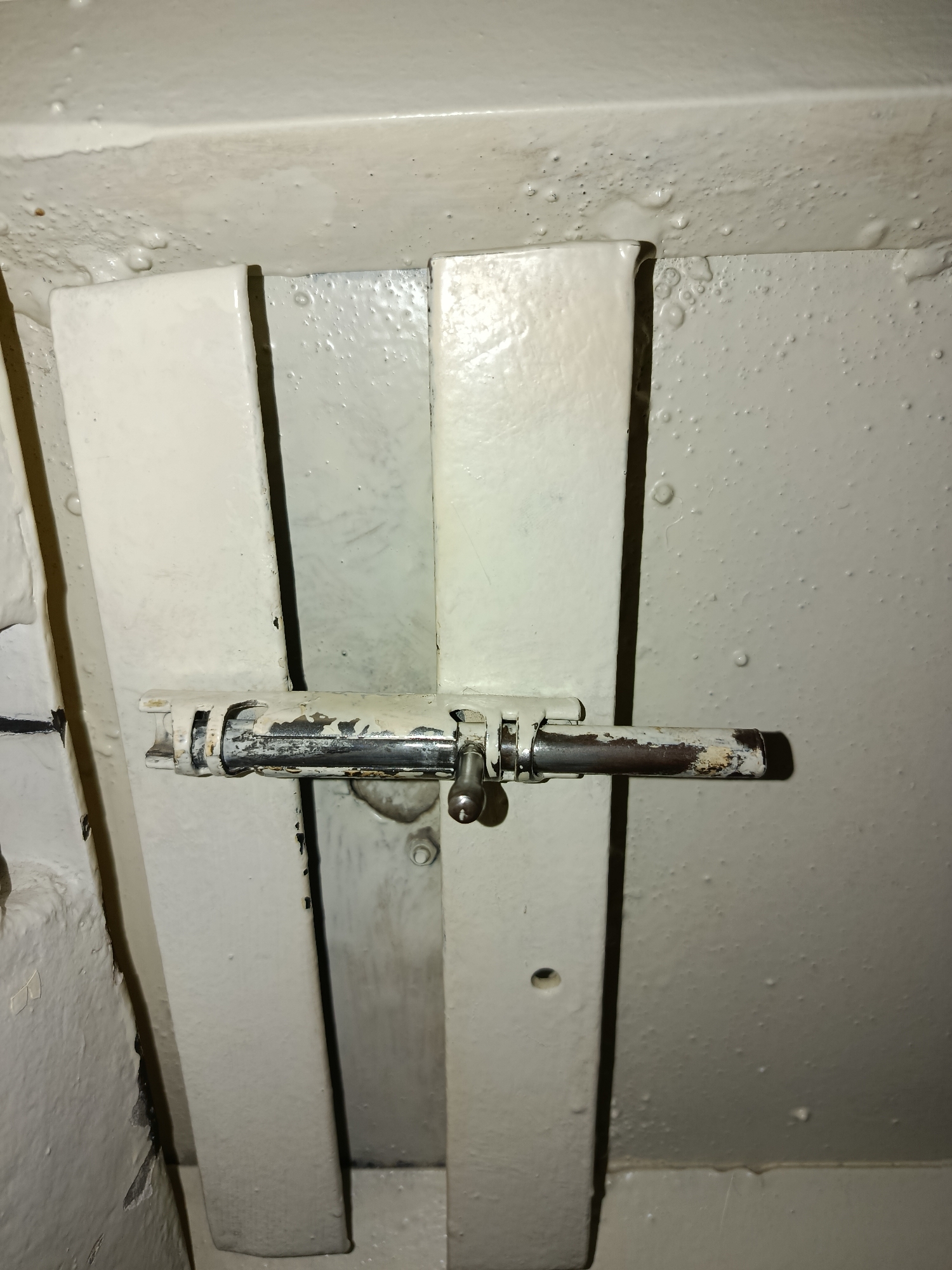 The image shows a close-up of a white, weathered bolt latch on a door or gate. The latch is horizontal and appears to be made of metal, with areas of rust and chipped paint. The background is also painted white, with visible texture and some bubbling of the paint. The scene is likely indoors, possibly in a utility area or a place with functional, utilitarian architecture. The specific location in Tashkent, Uzbekistan, cannot be determined from the visual information provided in the image.