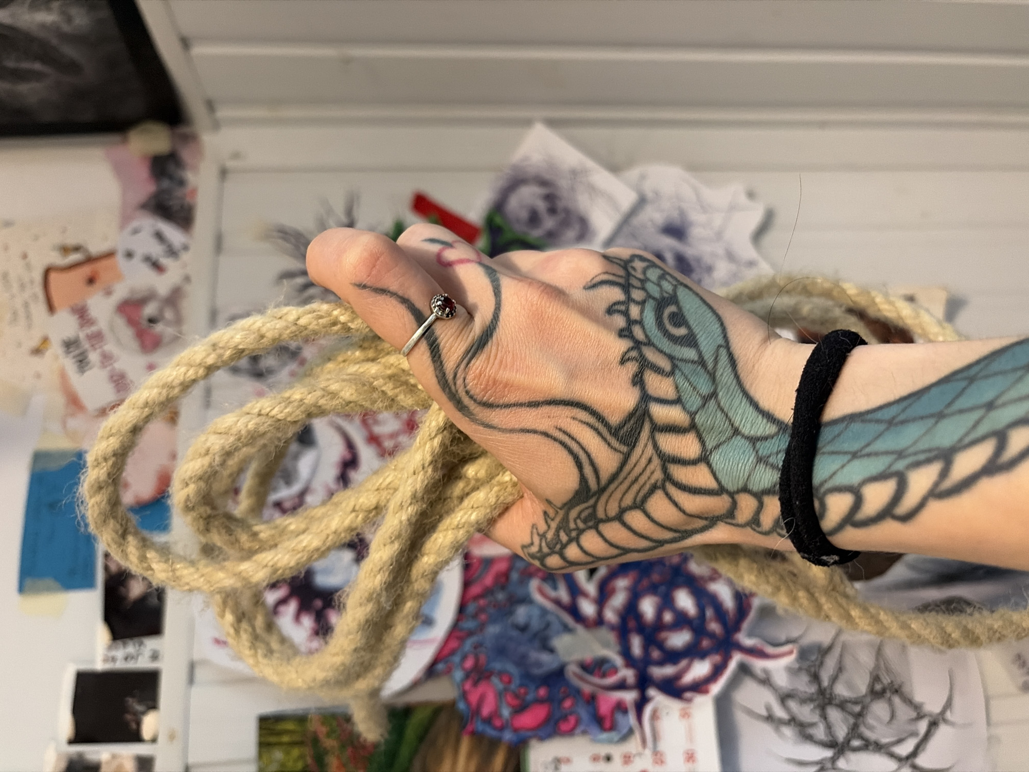 A medium-shot photograph displays a light-skinned person's hand and forearm holding a thick, tan-colored rope. The person is wearing a silver ring with a dark stone on their finger. Their hand and forearm are heavily tattooed with an intricate, detailed design of a snake. The person is also wearing a black band or bracelet. The background is cluttered, featuring a white wall covered with various papers, photographs, and drawings attached with tape. The image was taken indoors. The location is unknown, and cannot be inferred to be Sofia, Bulgaria, from the given information.