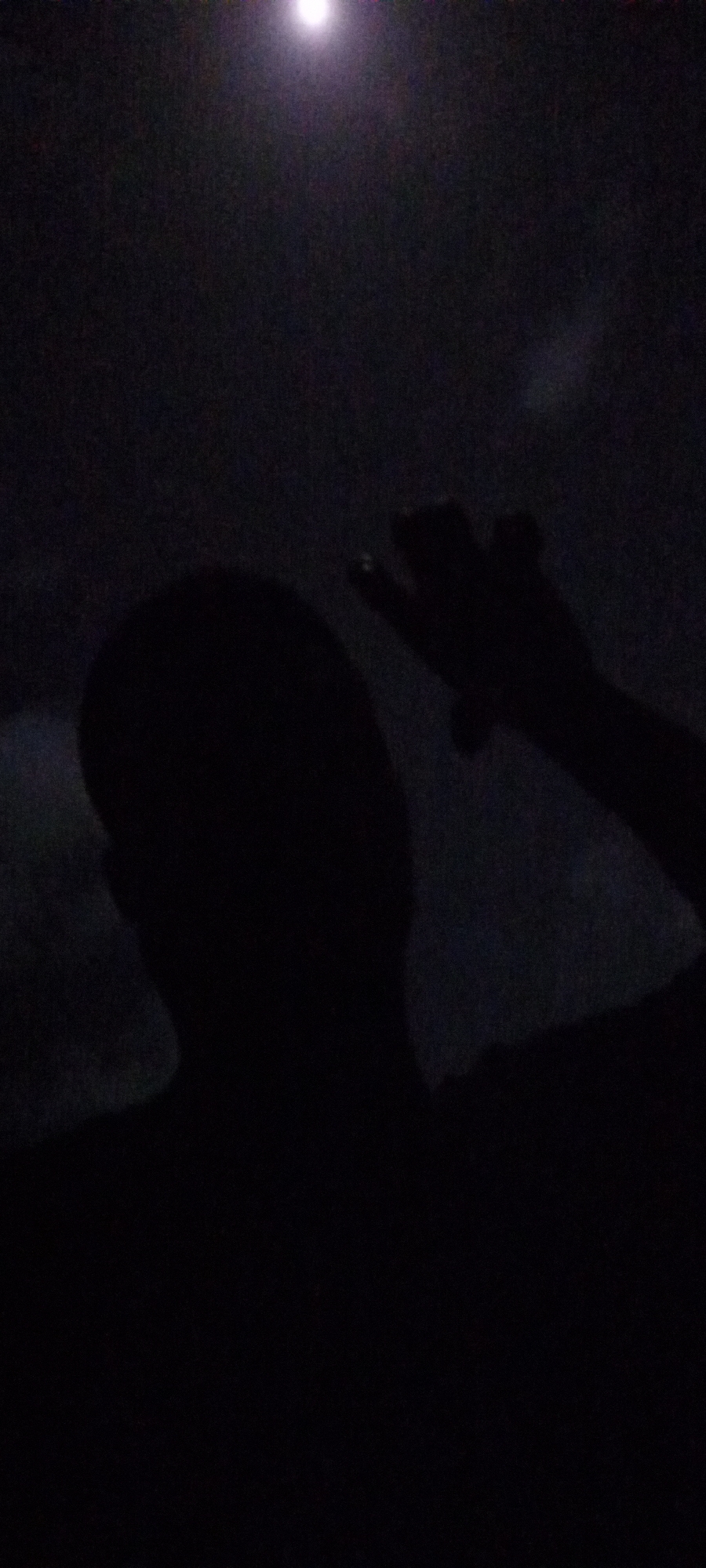 The image is a low-light, silhouetted portrait. It appears to be taken at night, possibly under moonlight or weak artificial lighting. The primary subject is a person, visible only as a dark silhouette. Their head and upper torso are positioned in the lower-left to center of the frame. An arm is raised, with the hand slightly obscured but visible, possibly gesturing or reaching. The background is a dark, mottled expanse, hinting at clouds or other indistinct shapes. The location is Ilogbo Eremi, Nigeria. No specific details or objects are discernible that could provide forensic information about actions, interactions, or precise environmental conditions.