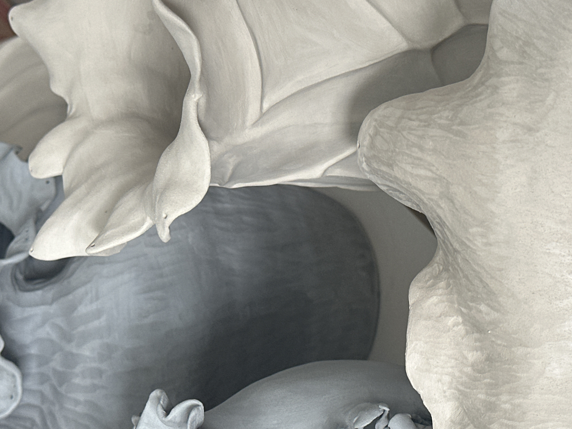 The image displays a close-up, artistic composition of what appears to be unglazed ceramic or plaster sculptures. The forms are organic and abstract, with flowing lines and soft curves. One prominent element is a large, petal-like structure with delicate folds, rendered in a light, off-white material. To the left, a darker, greyish form provides a contrast, its surface textured and somewhat blurred. In the foreground, a lighter, textured mound-like sculpture is visible. The lighting creates subtle shadows, highlighting the dimensionality of the sculptures. The background is out of focus, contributing to the emphasis on the sculptural elements. There is no discernible connection to Nevinnomyssk, Russia, or any specific location within a city. The scene is purely focused on the artistic arrangement of these sculptural forms.