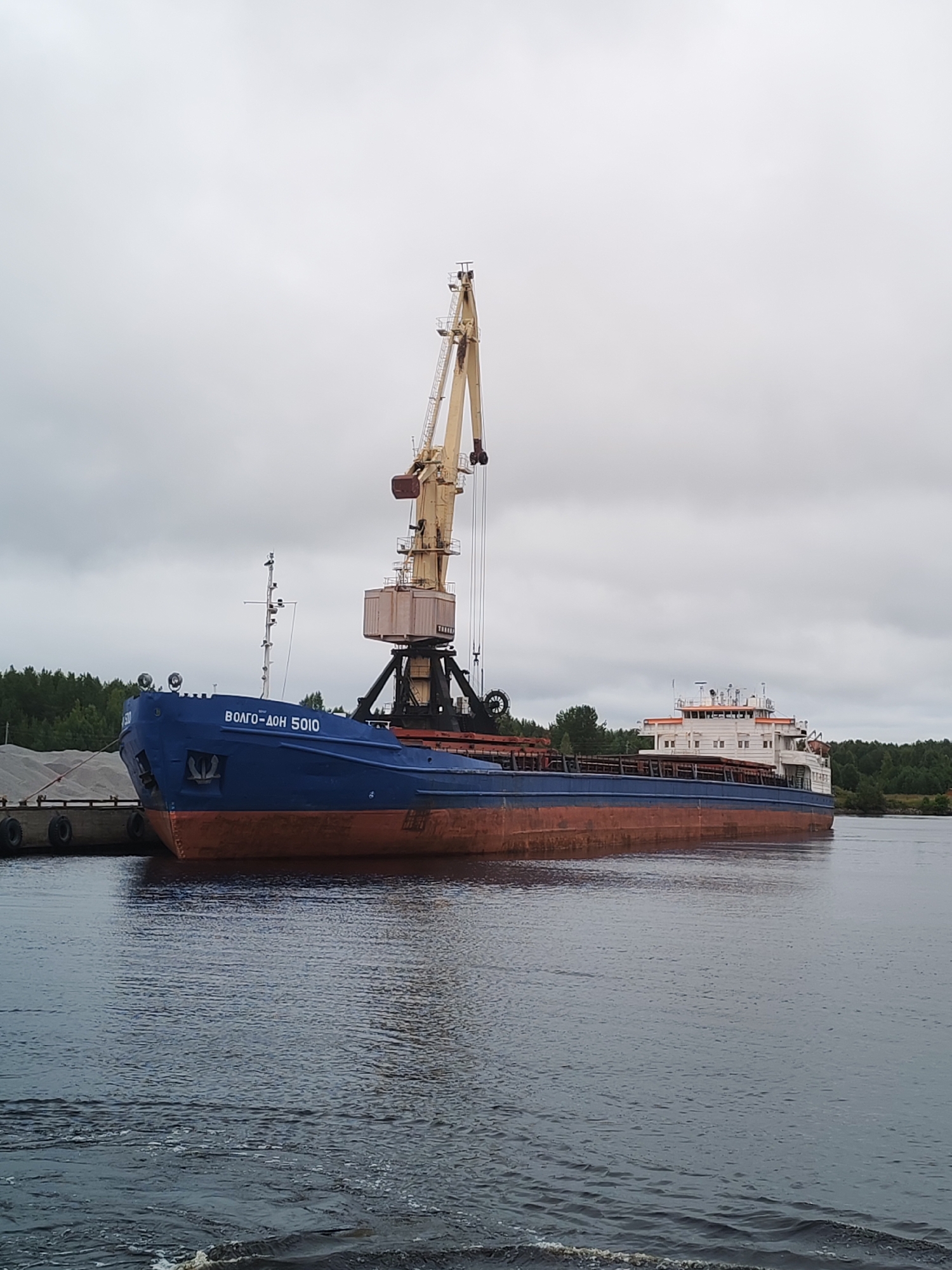 A large blue and red cargo ship named "VOLGO-DON 5010" is docked next to a pier. The ship has a crane attached to it. In the background, there is a dense line of green trees and a cloudy sky. The water is choppy with some ripples. The pier is made of wood and has several tires along its edge. There is a pile of grey material on the pier. The ship appears to be stationary.