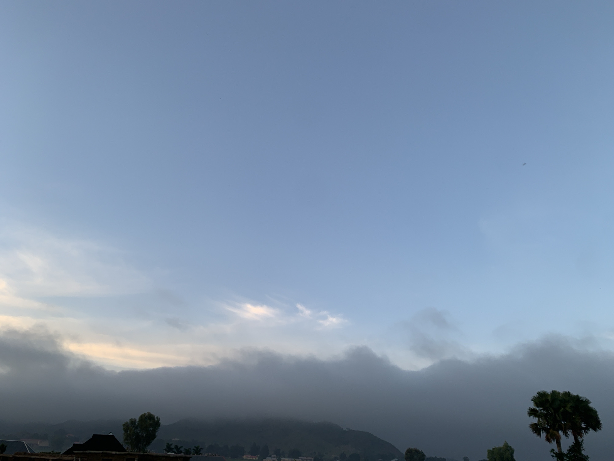 The image depicts a cloudy sky over a landscape in Kuru Karama, Nigeria. The sky is predominantly a soft blue, with some areas of lighter clouds and a hint of yellow light breaking through near the horizon, suggesting either sunrise or sunset. A thick band of dark, heavy clouds stretches across the middle of the frame, obscuring the view of the land below in some sections.
In the foreground, the tops of buildings and trees are visible. A cluster of palm trees stands on the right side of the image, their fronds dark against the sky. To the left, the rooftops of some structures are partially visible, and a few trees with lighter foliage are scattered throughout the landscape. The terrain appears hilly and somewhat rugged, with the dark clouds creating a sense of depth and atmosphere. There are no people or animals clearly visible in the image. The overall impression is a serene, natural scene with a touch of dramatic weather.
