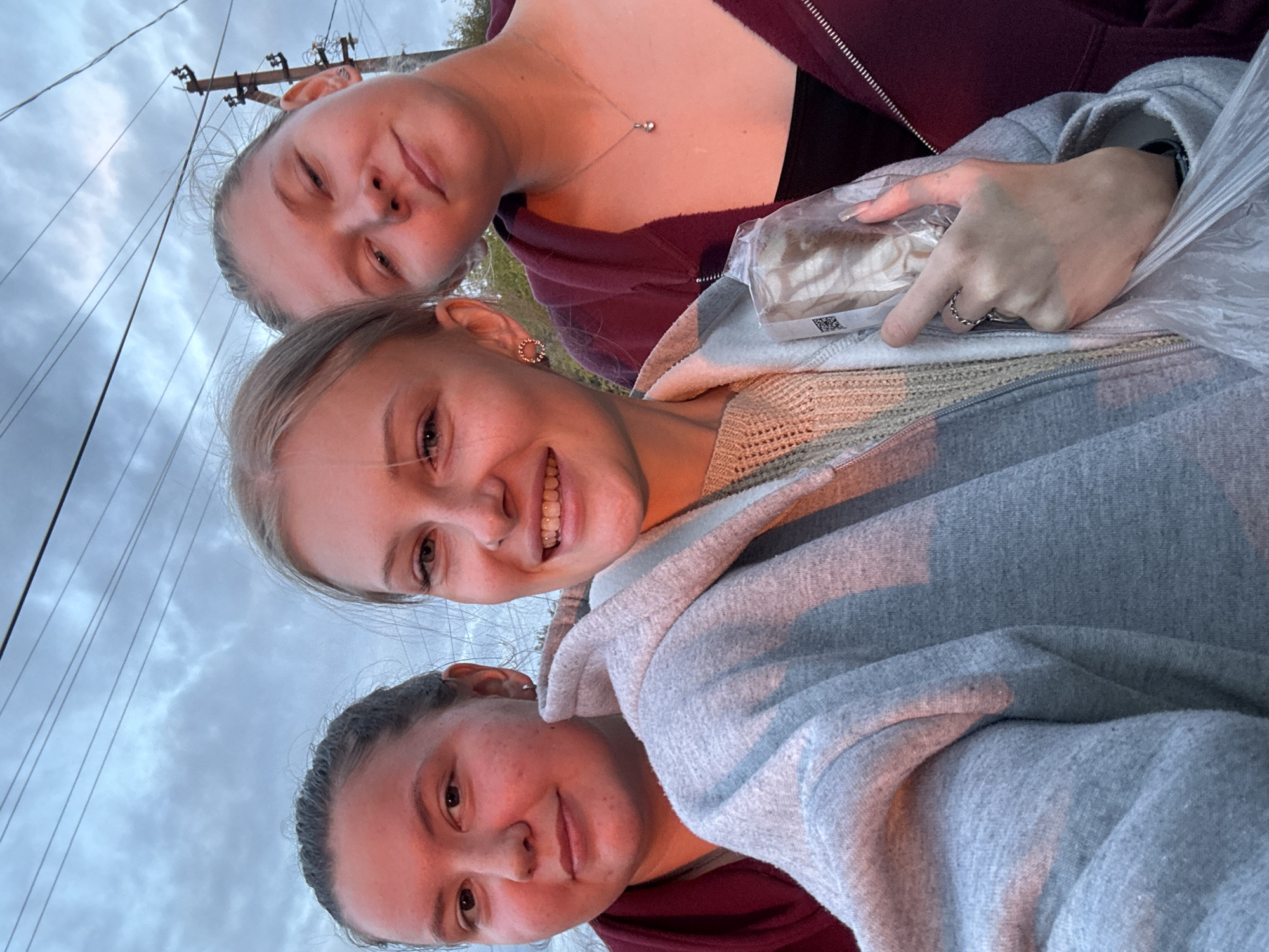 Three young women are posing for a selfie outdoors. The woman in the center is wearing a light-colored knit sweater under a gray zip-up hoodie. She is smiling at the camera and holding a clear plastic bag containing what appears to be food. To her left is another young woman wearing a maroon hoodie, looking at the camera with a slight smile. To the right of the center woman, a third young woman with blonde hair is also looking towards the camera with a smile. She is wearing a dark top under a maroon zip-up hoodie and a delicate silver necklace with a small clear pendant. The background shows a cloudy sky with visible power lines and a utility pole. The lighting suggests it might be dusk or dawn, casting a warm, reddish glow on the subjects. The location is specified as Borodulino, Russia.