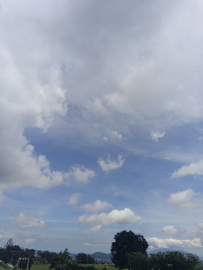 The image presents an outdoor landscape in Đăk Mar, Vietnam, with approximately two-thirds of the frame occupied by the sky and the lower third by terrestrial features. The sky exhibits a varied cloud cover, with large, diffuse stratocumulus clouds dominating the upper portion and scattered cumulus clouds interspersed with visible patches of clear blue sky in the middle and lower sections. The horizon line consists of a dense arrangement of green trees and foliage. On the left side of the lower frame, a partial view of a structure resembling a sports facility is visible, including what appears to be a fence or netting and a section of a track or field. A prominent dark-leaved tree stands in the mid-right foreground, surrounded by other trees and shrubs. In the distant background, rolling hills or mountains are discernible, with several communication towers or similar structures visible on a peak. No individuals or discernible actions are present in the scene. The lighting indicates daylight conditions.