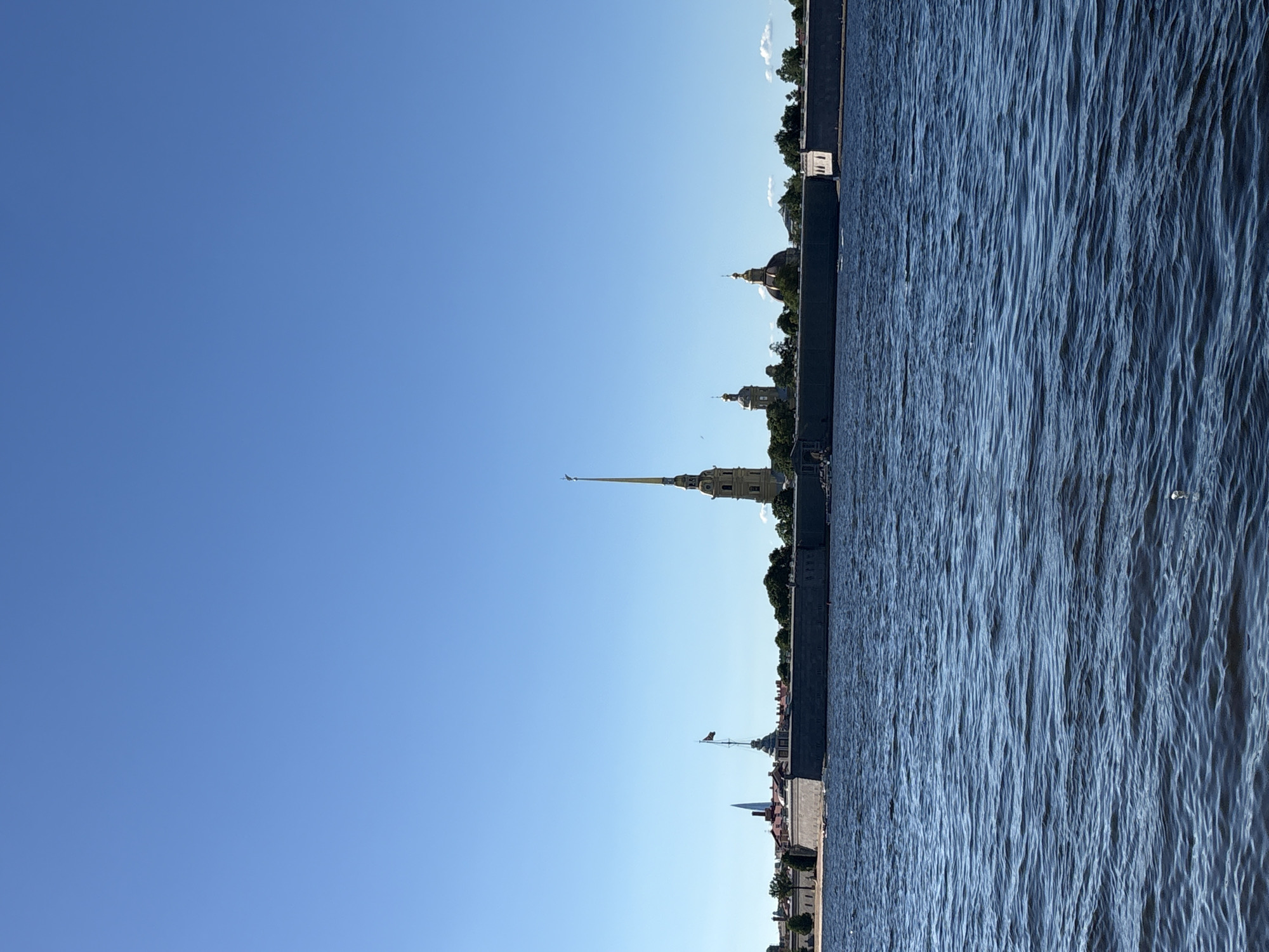 The image depicts a panoramic view across a body of water towards the Peter and Paul Fortress on Zayachy Island in Saint Petersburg, Russia.
The upper approximately 60% of the frame is a clear, uniform light blue sky, devoid of clouds. The lower approximately 40% consists of dark blue water, displaying distinct ripples and small waves across its surface, indicative of current or wind. Several minor, unidentifiable white specks are visible on the water's surface in the foreground.
On the opposite bank, a prominent, dark grey stone fortress wall runs horizontally across the mid-ground. Behind this wall, various architectural structures are visible. To the far left, a tall, slender, modern glass skyscraper, identified as the Lakhta Center, is partially visible in the distance. Further right along the bank, a flagpole with a red and yellow flag is situated on a lower building structure behind the wall. Dominating the central left portion of the skyline is the golden spire of the Peter and Paul Cathedral, the tallest structure, topped with a distinct angel figure. To the right of the cathedral spire, several additional domes, both golden and darker, of other historical buildings are visible above the fortress wall and interspersed with trees. No individuals or specific actions are discernible within the frame. The scene is illuminated by bright daylight.