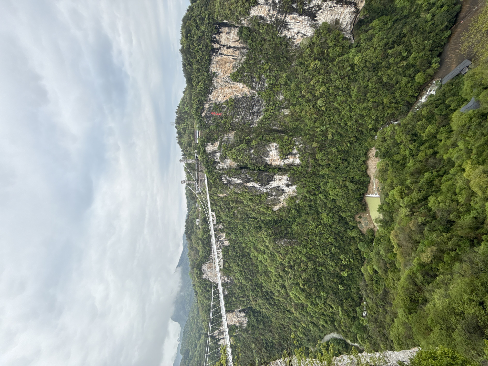 The image captures a long, narrow, glass-bottomed bridge spanning a deep, green, forested gorge. The bridge is supported by white cables and towers, connecting two steep, rocky cliffs covered in dense vegetation. The landscape includes a winding river and a small lake at the bottom of the gorge. The sky is overcast with thick clouds. The scene is likely the Zhangjiajie Grand Canyon Glass Bridge, located in Zhangjiajie, China. There are no people visible in the image.