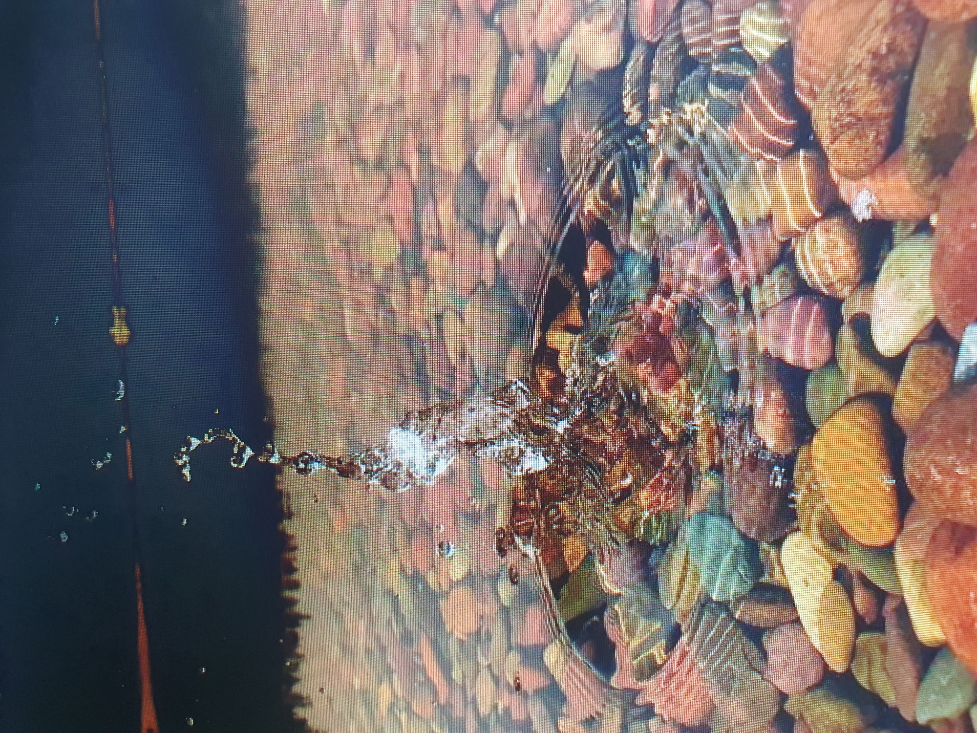 The image depicts a close-up, top-down view of a water splash in shallow water, with a bed of colorful, smooth pebbles visible beneath the surface. The water is clear, and ripples are spreading outwards from the point of impact. The pebbles are predominantly in shades of red, orange, brown, and green, with some having white striations. The upper portion of the image shows a dark, out-of-focus background, possibly a dark surface or a reflection. There are no people visible in the image. The scene captures a dynamic moment of a water splash interacting with a natural element. There is no information in the image to suggest its location in Tashkent, Uzbekistan.