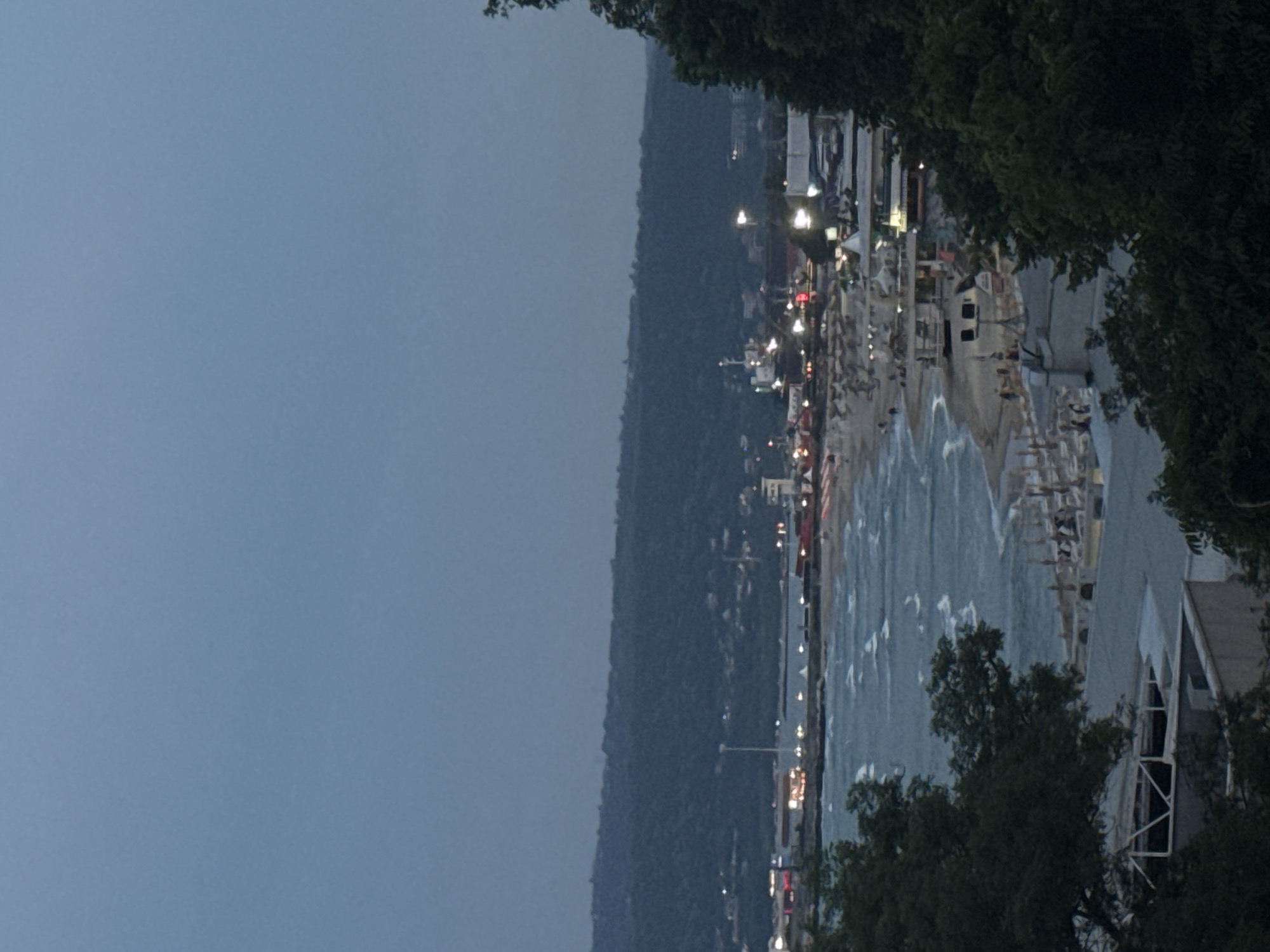 The image captures a coastal scene at dusk or night, likely in Varna, Bulgaria. The perspective is from an elevated position, looking down towards the sea and shoreline.
In the foreground, from the bottom and extending up the right side, are dark green tree branches and foliage, partially framing the view. To the bottom right, a part of a building with a white facade and large windows is visible, partially obscured by the trees.
The midground features a sandy beach lined with numerous white structures, appearing to be beach loungers, umbrellas, or small cabanas, stretching along the water's edge. The sea, to the left of the beach, has gentle waves breaking, their white foam visible against the darker water. Some artificial lights reflect faintly on the water's surface.
Along the coastline behind the beach, a vibrant strip of buildings and establishments is illuminated by numerous artificial lights, including streetlights and lights from various structures. This creates a lively, urban glow along the shore. Behind this illuminated strip, a large, densely forested hill rises, appearing as a dark, irregular silhouette against the fading light of the sky. The sky itself, occupying the upper left portion of the image, is a clear, dark blue-grey, indicating either late twilight or nighttime.
There is no discernible specific activity, though the illuminated beach and buildings suggest an active resort or promenade area. No visible text is present in the image. The scene evokes a peaceful yet bustling evening atmosphere by the sea.