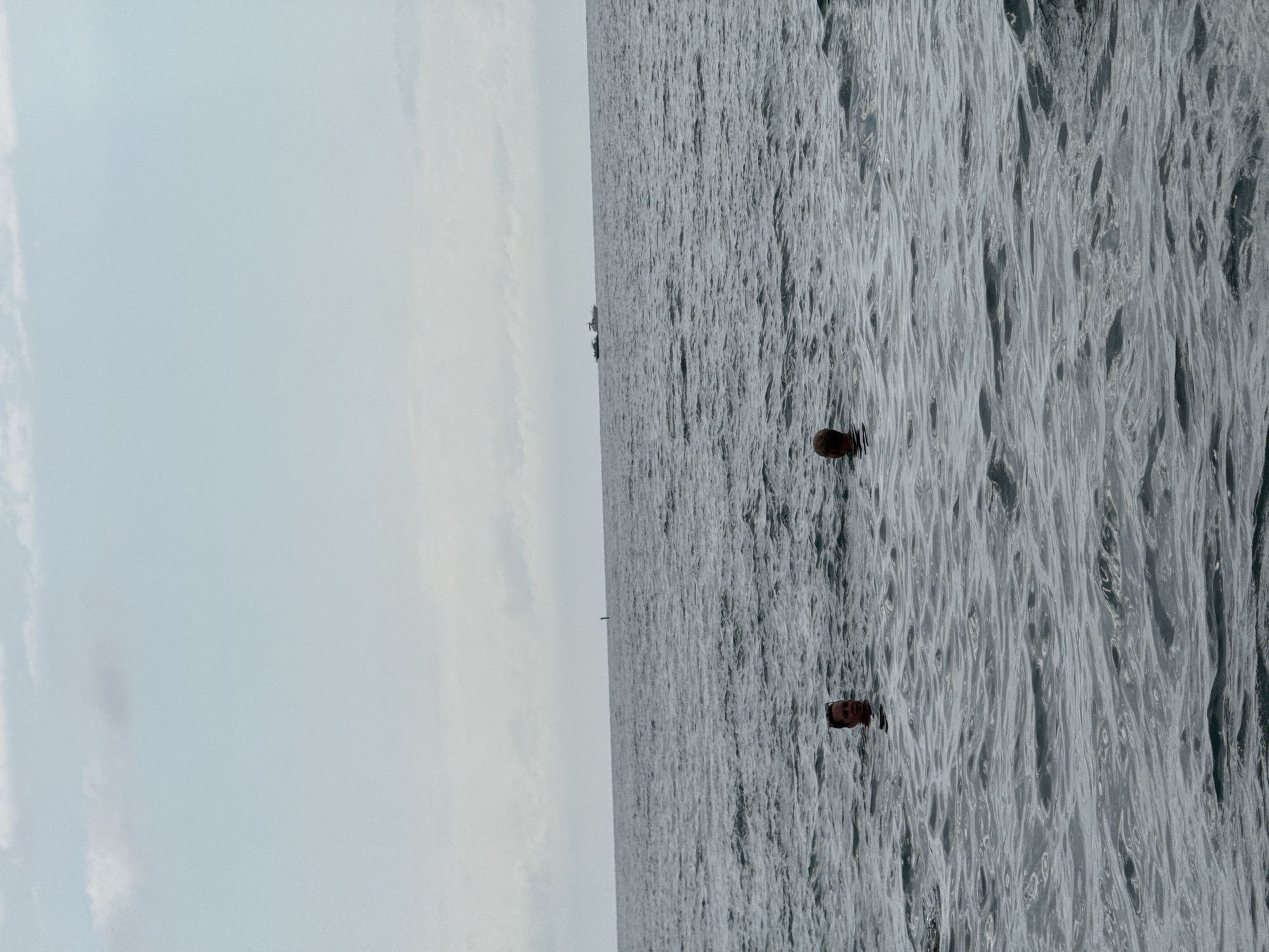 Two individuals are swimming in the Black Sea, with their heads and shoulders visible above the choppy, grey water. The person on the left, with darker hair, is looking towards the camera. The person on the right, with lighter hair, is facing away from the camera. In the distance, a buoy or marker is visible on the horizon, along with two boats. The sky is overcast and pale blue, with scattered clouds. The overall scene depicts a mild day at sea near the coast of Sochi, Russia.