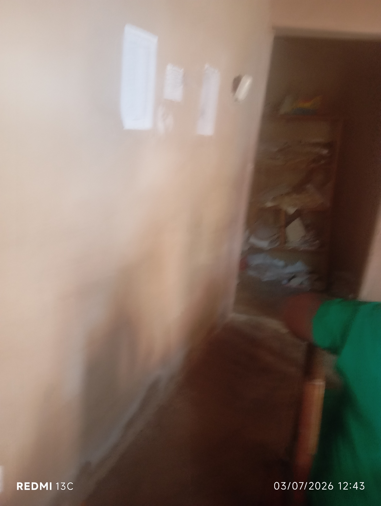 The image depicts an indoor scene with a beige wall on the left and a darker area, possibly a doorway or another room, on the right. On the beige wall, there are a few rectangular white objects, possibly light switches or electrical outlets. The darker area on the right appears to be cluttered with various items, including what looks like discarded paper or debris, and a hint of color from what might be a shelf or a bag. In the foreground on the right, a person wearing a green garment is partially visible, seated or leaning. The bottom right corner of the image shows a timestamp: "03/07/2026 12:43". The bottom left corner displays "REDMI 13C", indicating the phone model used to capture the image. The image's quality is poor, with significant blurriness throughout, making detailed identification of objects and features difficult.
Based on the information provided by the user, the image is located in the city of Jalingo, Nigeria.