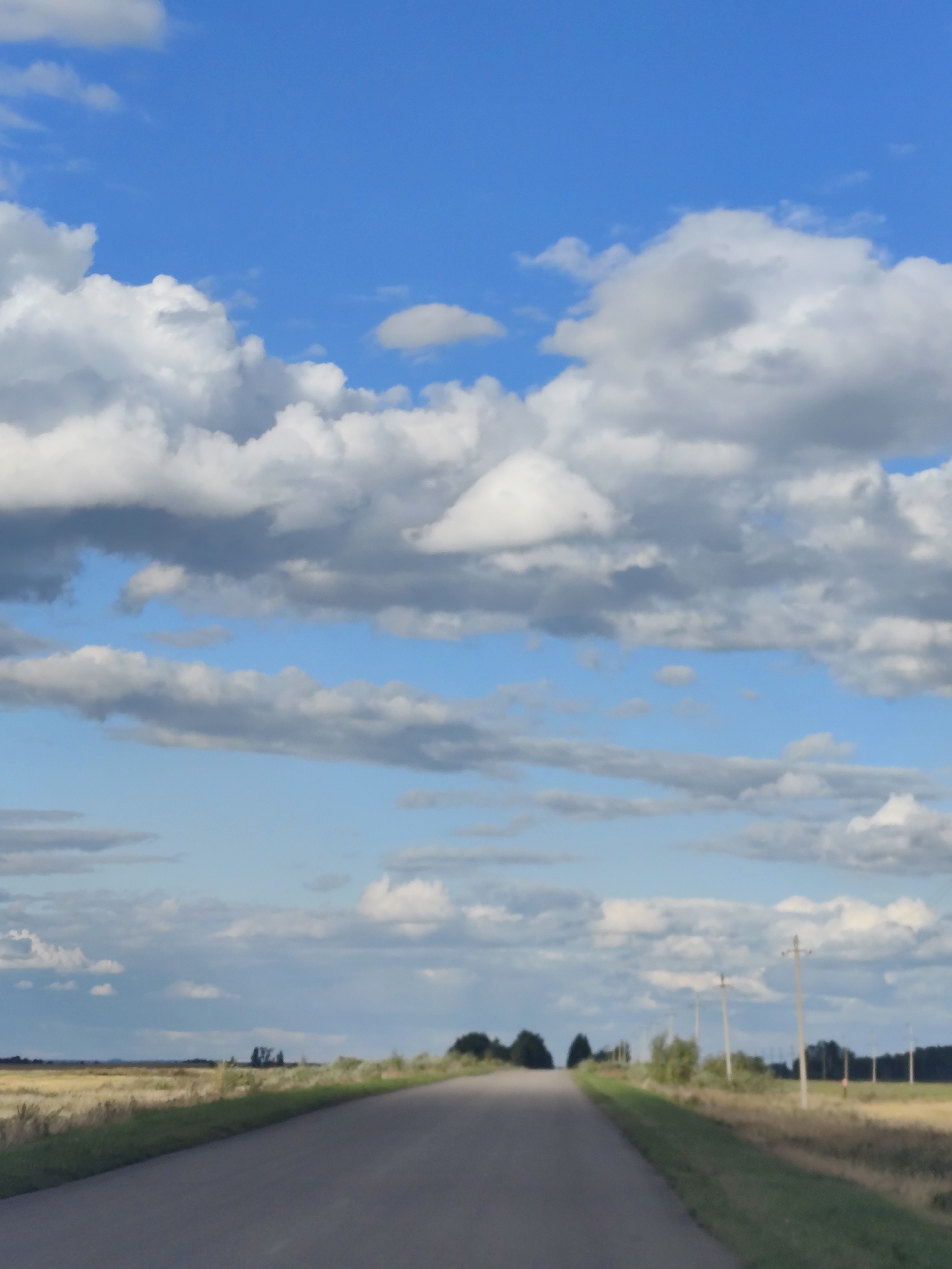 The image depicts a straight asphalt road stretching into the distance under a sky filled with white and gray clouds. The road is bordered by dry grass and fields on either side. To the right of the road, several utility poles are visible at intervals, suggesting a rural or semi-rural setting. In the far distance, the landscape appears flat with some trees and vegetation. The lighting suggests it is daytime, possibly late afternoon, with soft sunlight filtering through the clouds. The overall scene conveys a sense of open space and a journey ahead. The location is identified as Berezovsky Rural District, Kazakhstan.