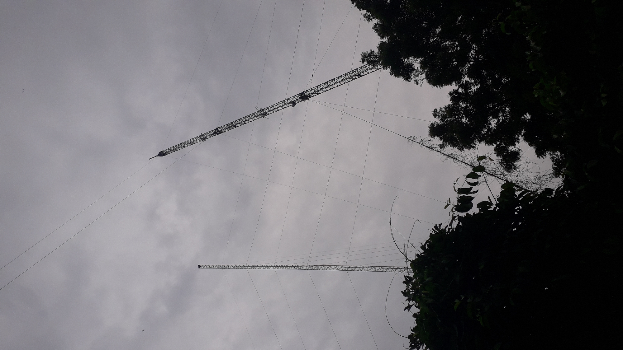 The image shows two tall radio transmission towers in Onitsha, Nigeria, viewed from below, silhouetted against a cloudy sky. Tree foliage is visible in the foreground. The towers are constructed of metal latticework and supported by guy wires.