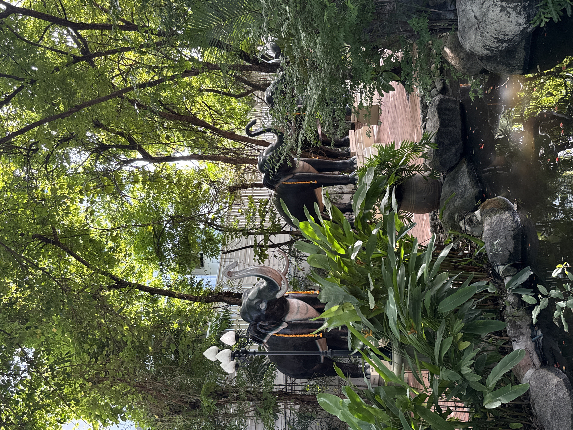 The image captures a scene in Samrong Nuea Subdistrict Municipality, Thailand, featuring a row of elephant statues lining a pathway. The statues are black and appear to be adorned with yellow garlands. Lush green vegetation surrounds the statues, including large-leafed plants in the foreground and trees that create a canopy overhead. A body of water is visible to the right, with rocks lining its edge. In the background, a white building can be partially seen through the trees. The overall impression is that of a tranquil garden or park-like setting. A lamppost with white globe lights stands next to one of the elephant statues.