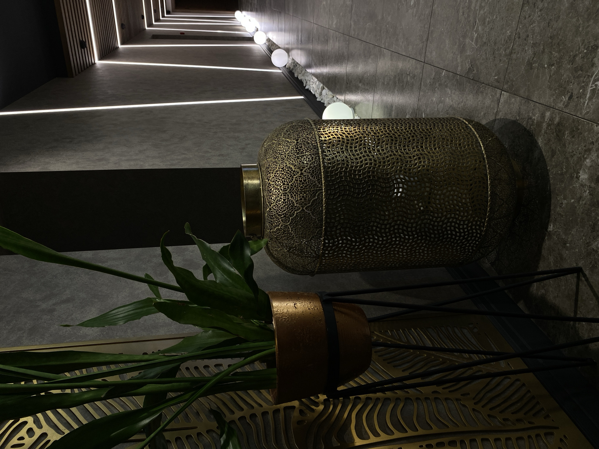 The image depicts an indoor scene, focusing on a decorative arrangement of a plant and a metallic container. The plant, featuring long green leaves, is potted in a copper-colored container with a black band around it. The container sits atop a stand with a leaf-patterned design. Adjacent to the plant is a larger, intricately patterned metallic vessel or lamp, cylindrical in shape with a gold-colored neck.
In the background, a hallway extends into the distance, illuminated by a combination of strip lights and spherical lights. One side of the hallway has a section of decorative stones.
There are no people present in the scene. The location is not identified in the city of Votkinsk, Russia.