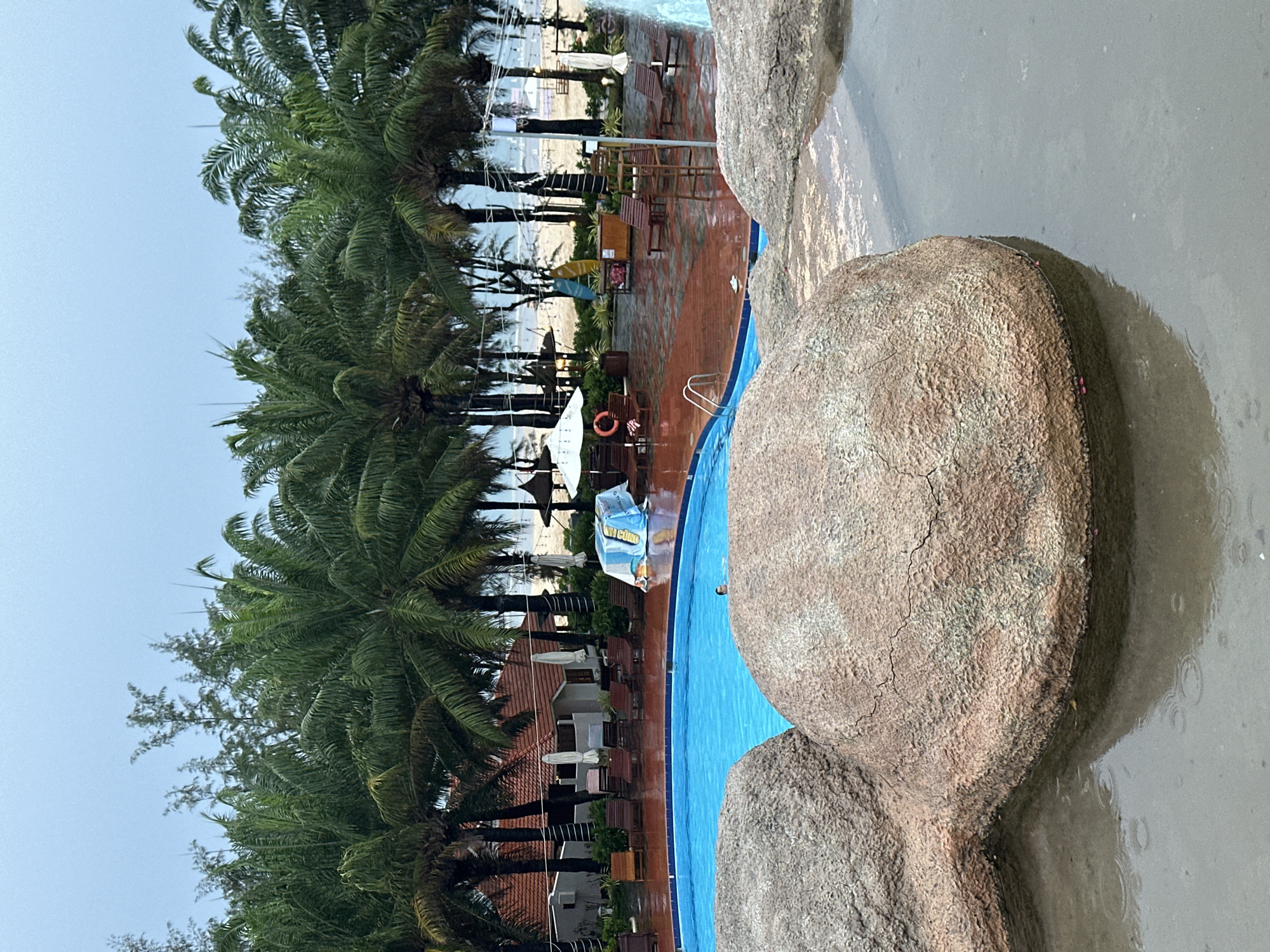 The image depicts a resort or hotel area in Phu Thuy Ward, Vietnam. A swimming pool with blue water is visible, flanked by artificial rocks. Beyond the pool are palm trees lining a beachfront area with white beach umbrellas and lounge chairs. A few buildings with red-tiled roofs are also present. The weather appears overcast or rainy.
