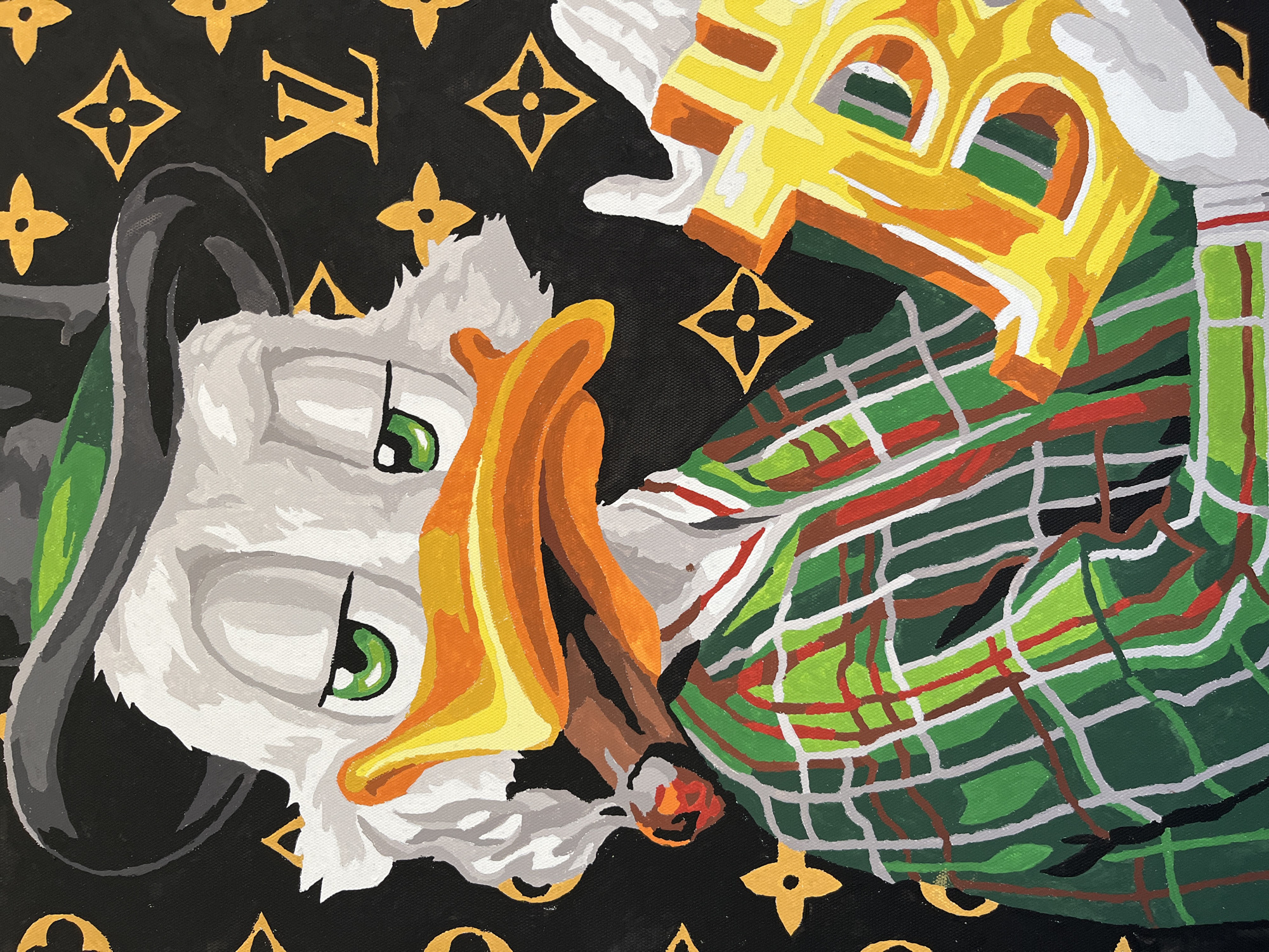 A painting features a cartoon duck character wearing a backwards baseball cap and smoking a cigar. The background is black with gold Louis Vuitton logos. The duck has white feathers, green eyes, and an orange beak. The baseball cap is yellow with orange and white accents. The shirt is green plaid with red, brown, and white lines. The location is not discernible from the image.