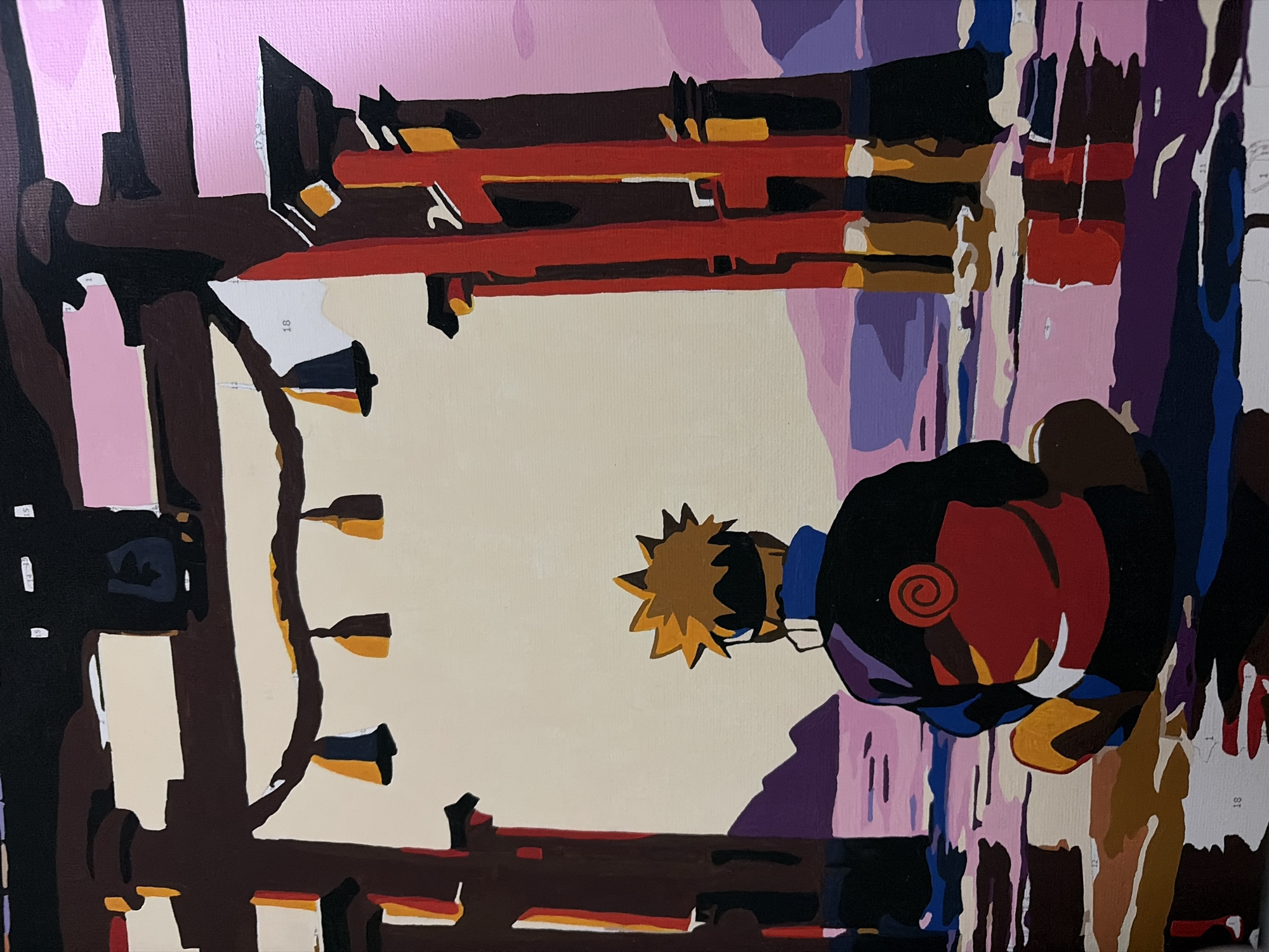 The image shows a partially completed paint-by-numbers artwork featuring a depiction of the character Naruto Uzumaki in a setting resembling the city of Izhevsk, Russia. Naruto is positioned on the right side of the frame. To the left is an interpretation of Izhevsk, including the recognizable structures of the city. A prominent element is the depiction of a street in Izhevsk, signified by buildings and infrastructure. The artistic style is defined by flat, segmented applications of color, which is typical of paint-by-numbers art. The painting is still in progress, as indicated by visible outlines and areas that have not been fully colored.