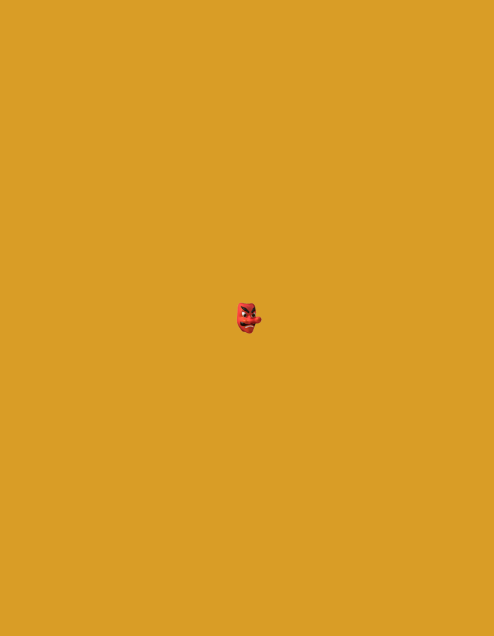 The image displays a minimalist composition dominated by a uniform, solid mustard yellow-orange background. Positioned slightly below the vertical center and to the right of the horizontal center is a small, three-dimensional, stylized red face. The face features a prominent, rounded red nose, subtly furrowed brows, and a small, downturned mouth, suggesting a grumpy or slightly annoyed expression. Small white highlights are visible on the eyes and mouth, indicating a glossy texture and direct lighting. There are no other discernible subjects, people, objects, actions, interactions, or environmental details within the frame. The background is entirely devoid of any geographical context or features that would suggest a specific location in Santa Ana, Venezuela, or any other real-world setting.