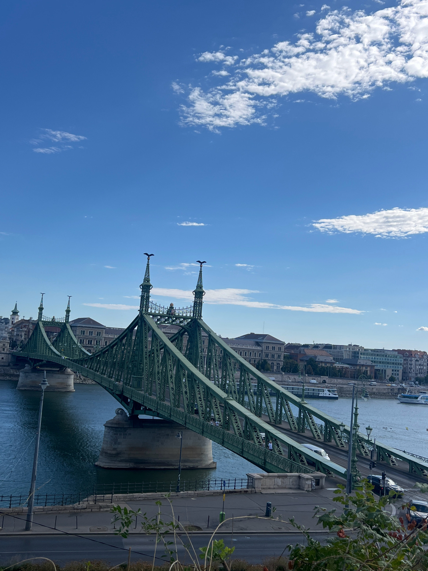 The image shows a daytime, wide-angle view of the Liberty Bridge in Budapest, Hungary, spanning the Danube River. The bridge, painted a distinct dark green, features intricate lattice work and four prominent towers, each topped with a bird-like sculpture. Cars and pedestrians are visible on the bridge and the adjacent embankment. The background reveals a cityscape with several multi-story buildings lining the riverbank. The sky above is a clear blue with scattered white clouds. The foreground is partially obscured by greenery, likely trees and bushes, suggesting the photo was taken from an elevated vantage point. The water of the Danube appears deep blue, with several boats, including a ferry, visible on its surface. The overall scene is one of a bustling urban environment on a bright, sunny day.