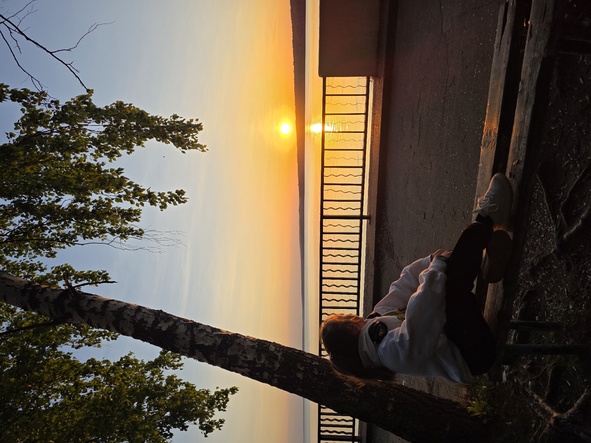 A vertical, landscape-oriented photograph shows a person sitting on a park bench at sunset in the city of Chaikovsky, Russia.
The sun is setting on the horizon of a body of water, producing an orange glow across the sky and reflecting on the water's surface. A black metal railing lines the edge of a concrete pathway, presumably along the shoreline. A birch tree is in the foreground, its trunk angled diagonally from the lower left corner towards the center. The tree's leaves partially obscure the view.
A person is seated on a wooden park bench to the right, seemingly facing the sunset. The person is wearing a white sweatshirt, black pants, and white shoes. Their legs are bent, and they appear relaxed. The bench is old and worn, and the ground around it is covered with dirt and roots.
The sky transitions from blue at the top to orange near the horizon. The overall scene is peaceful and serene.