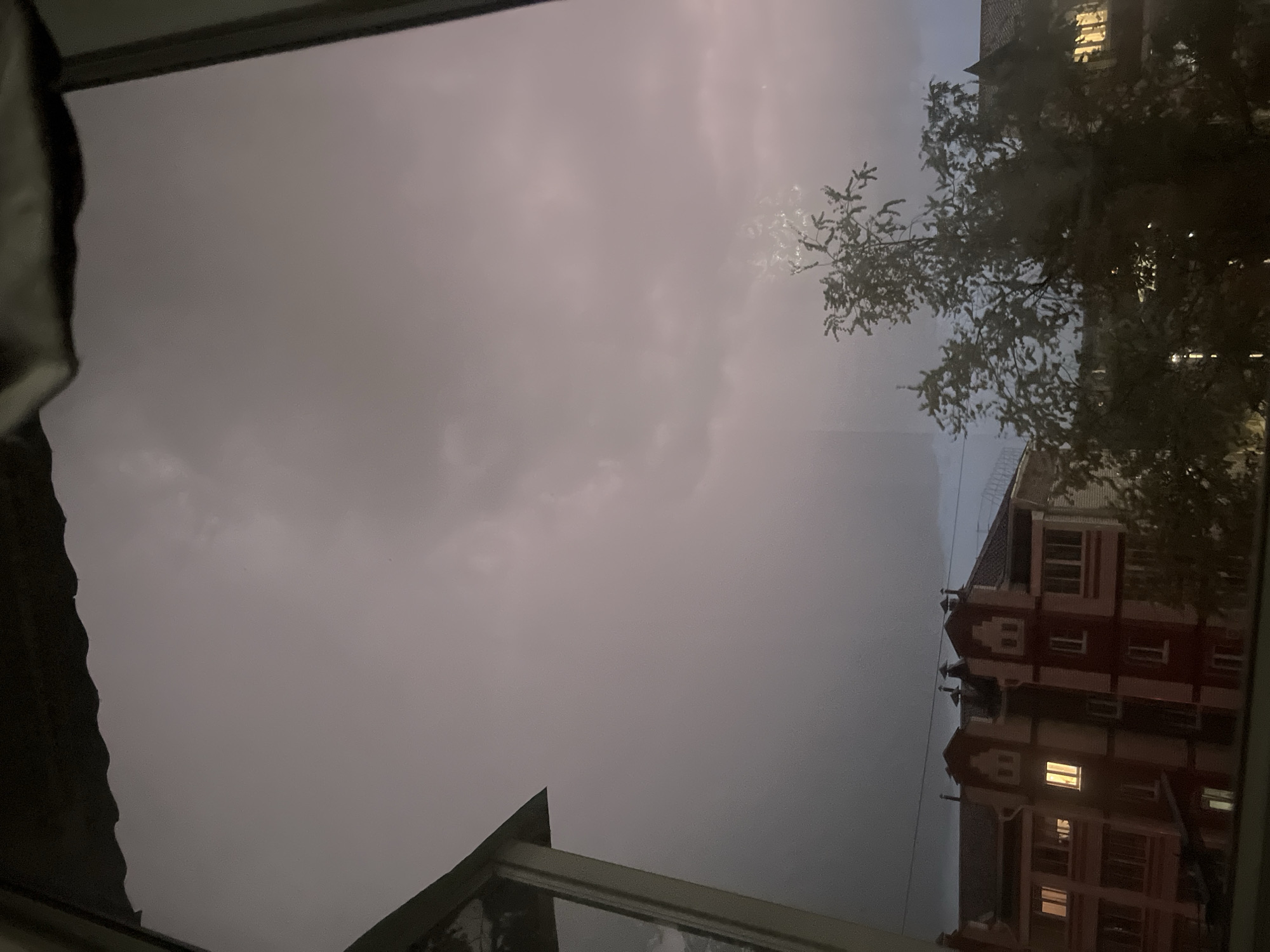 The view from a window shows a cloudy, overcast sky. A building with red and white detailing, illuminated by a few lights, is visible in the reflection. A tree's branches are seen against the backdrop of the sky. The scene appears to be in an urban setting.