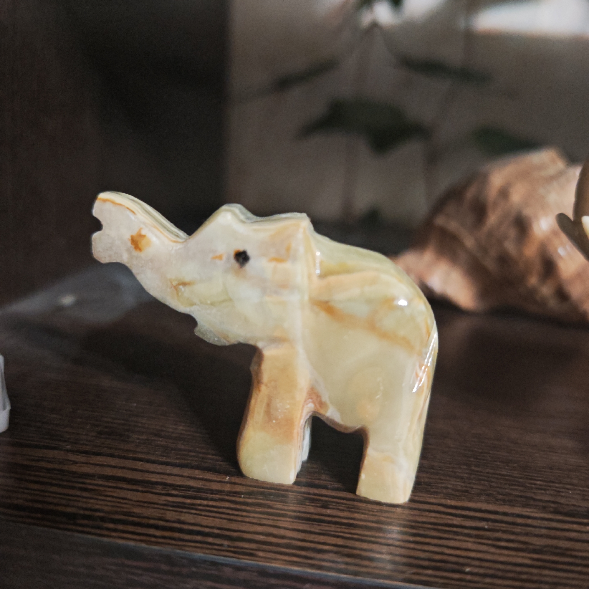 A small, carved, elephant figurine sits on a dark brown wooden surface. The figurine is made of a light-colored stone, possibly marble, with light brown and cream-colored striations. The background is slightly blurred, showing a dark brown shelf and a brown seashell-like object. No people or location in Rostov, Russia can be determined.