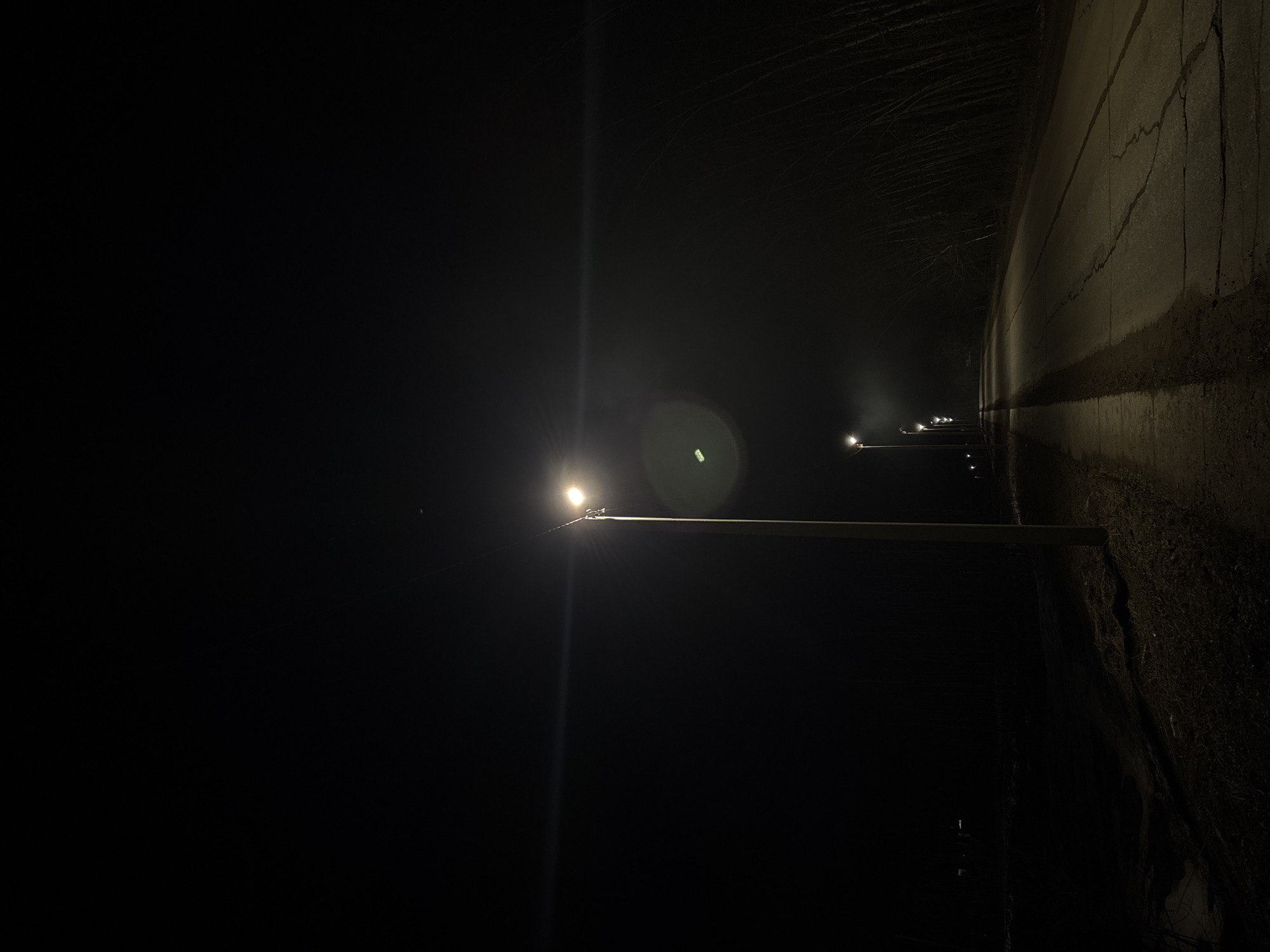 The image shows a nighttime scene of a dark road illuminated by a series of streetlights. The road surface appears cracked and aged. The background is obscured by darkness and possible fog or mist. The streetlights are spaced along the road. Bare branches or trees are visible on the side of the road. The image is rotated counter-clockwise. The location of the image is unspecified.