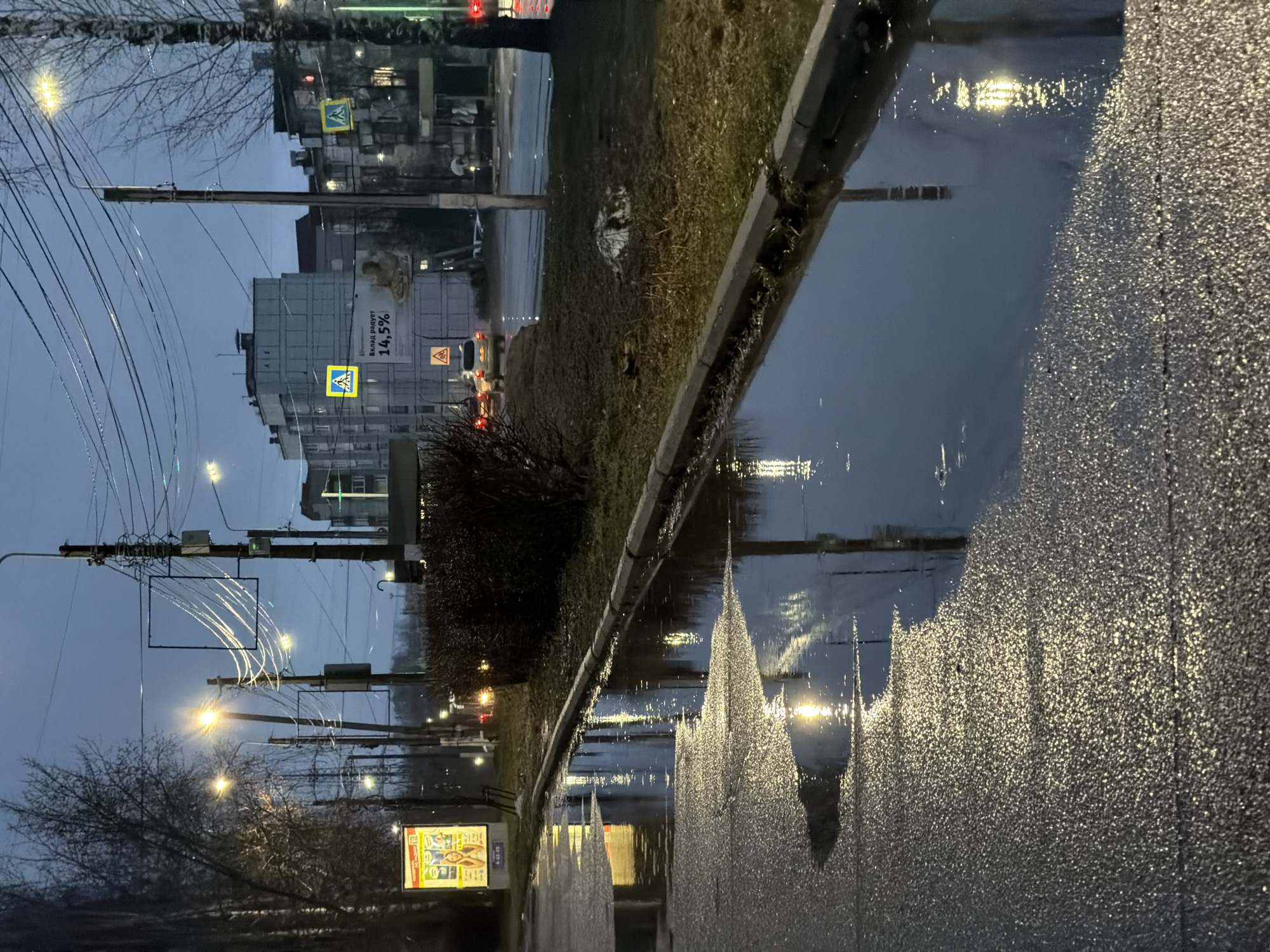 The image shows a street in Chaikovsky, Russia, after rain, at dusk or dawn. The street surface is wet and reflects light from streetlights. A grassy verge with a curb separates the street from the sidewalk. Power lines stretch across the sky above the street. Buildings and street signs are visible in the background. A commercial billboard is on the sidewalk.